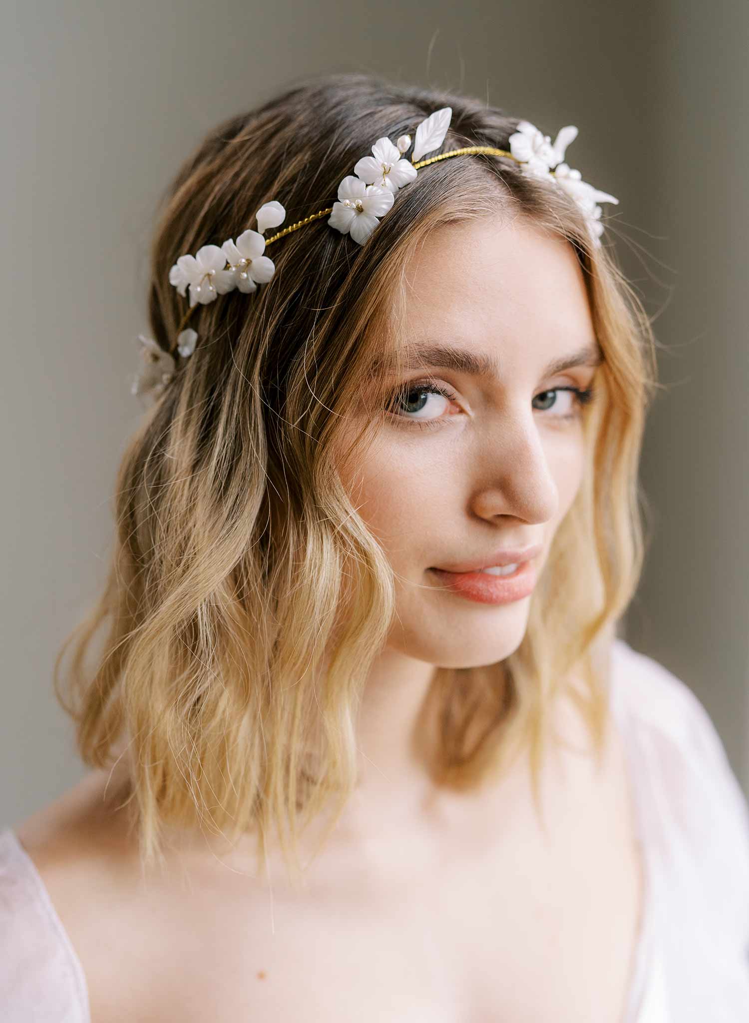 handmade white clay flower pearl gold hair vine headband, twigs and honey
