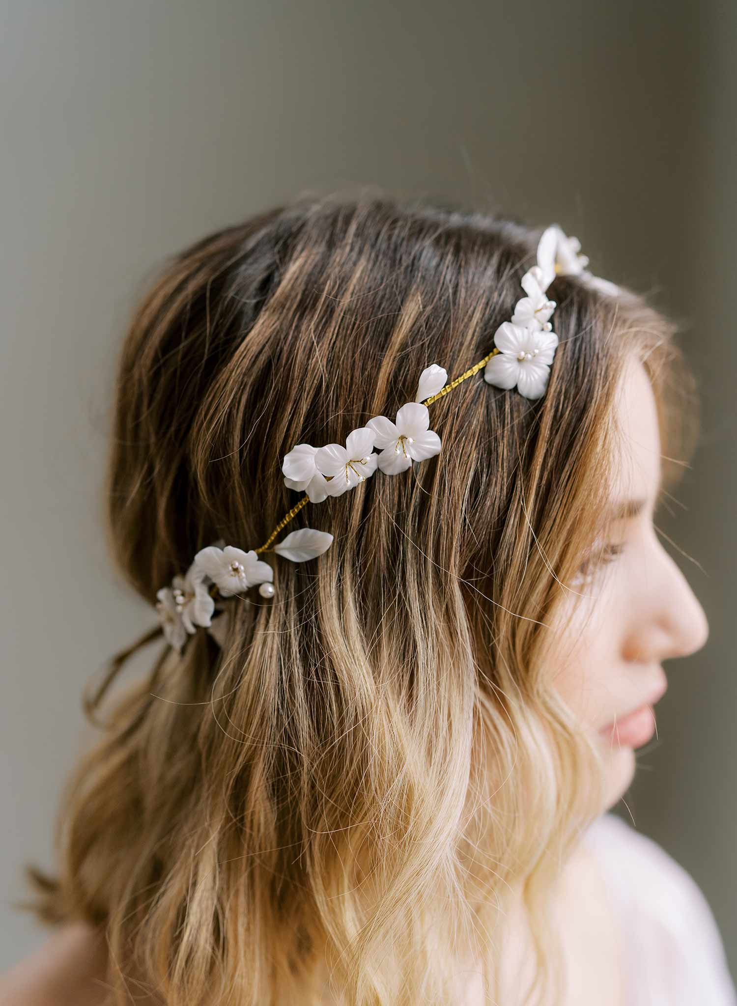 handmade white clay flower pearl gold hair vine headband, twigs and honey