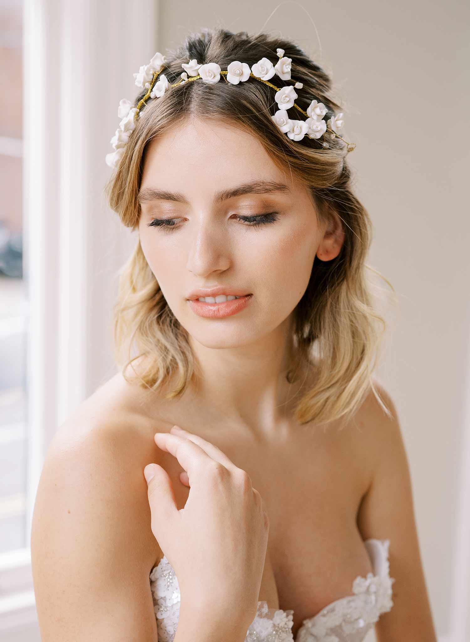 handmade clay rose floral pearl gold headband hair vine, twigs and honey