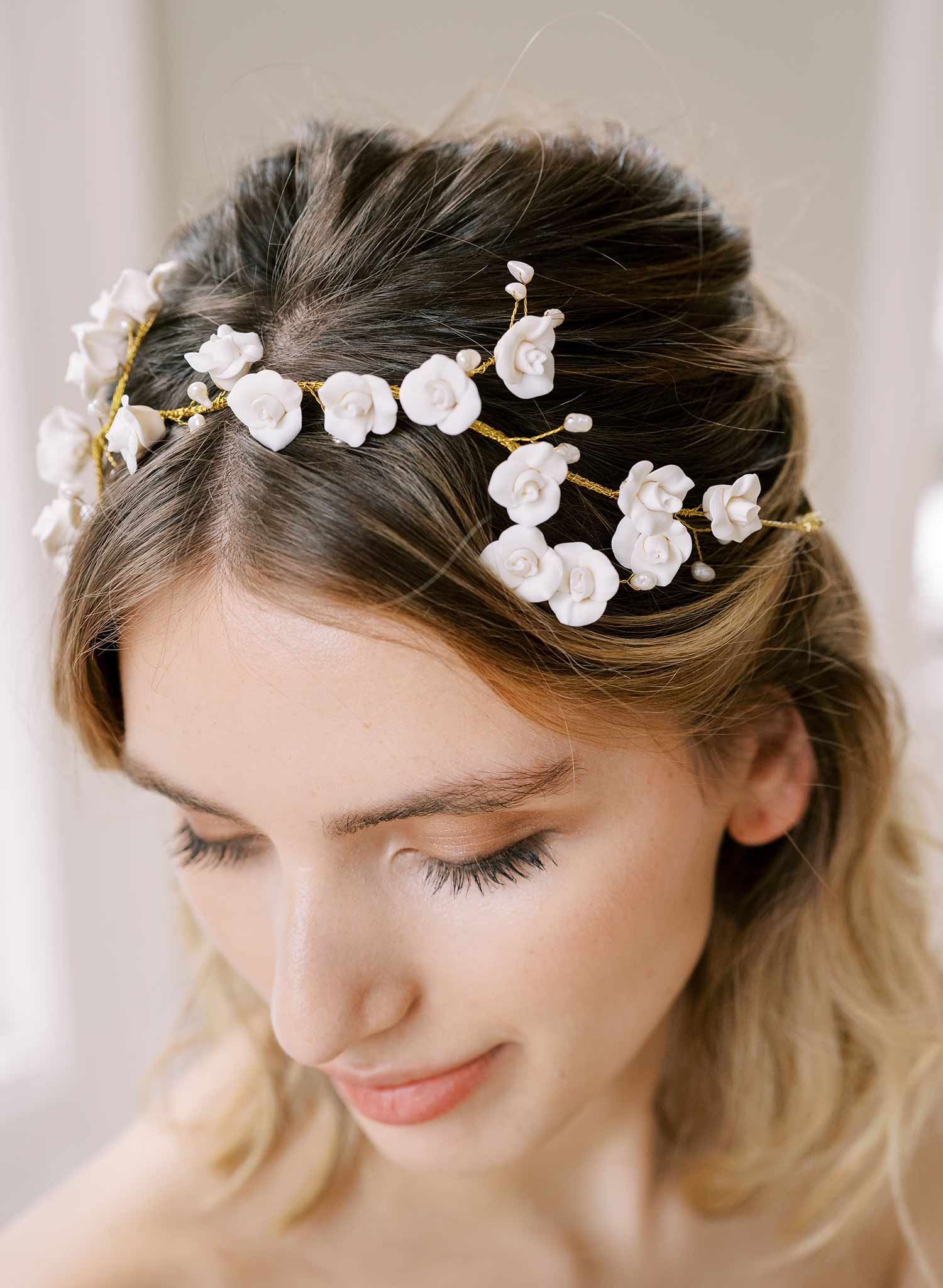 handmade clay rose floral pearl gold headband hair vine, twigs and honey