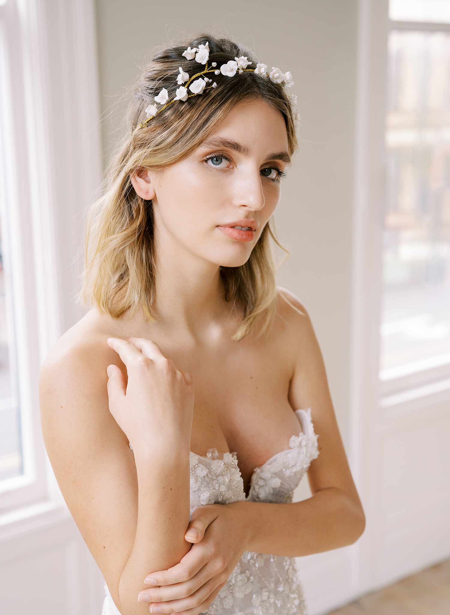 handmade clay rose floral pearl gold headband hair vine, twigs and honey