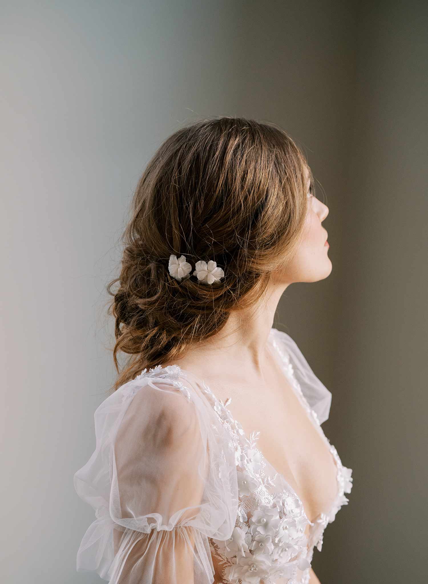 white handmade clay flower gold bridal hair pin set, twigs & honey