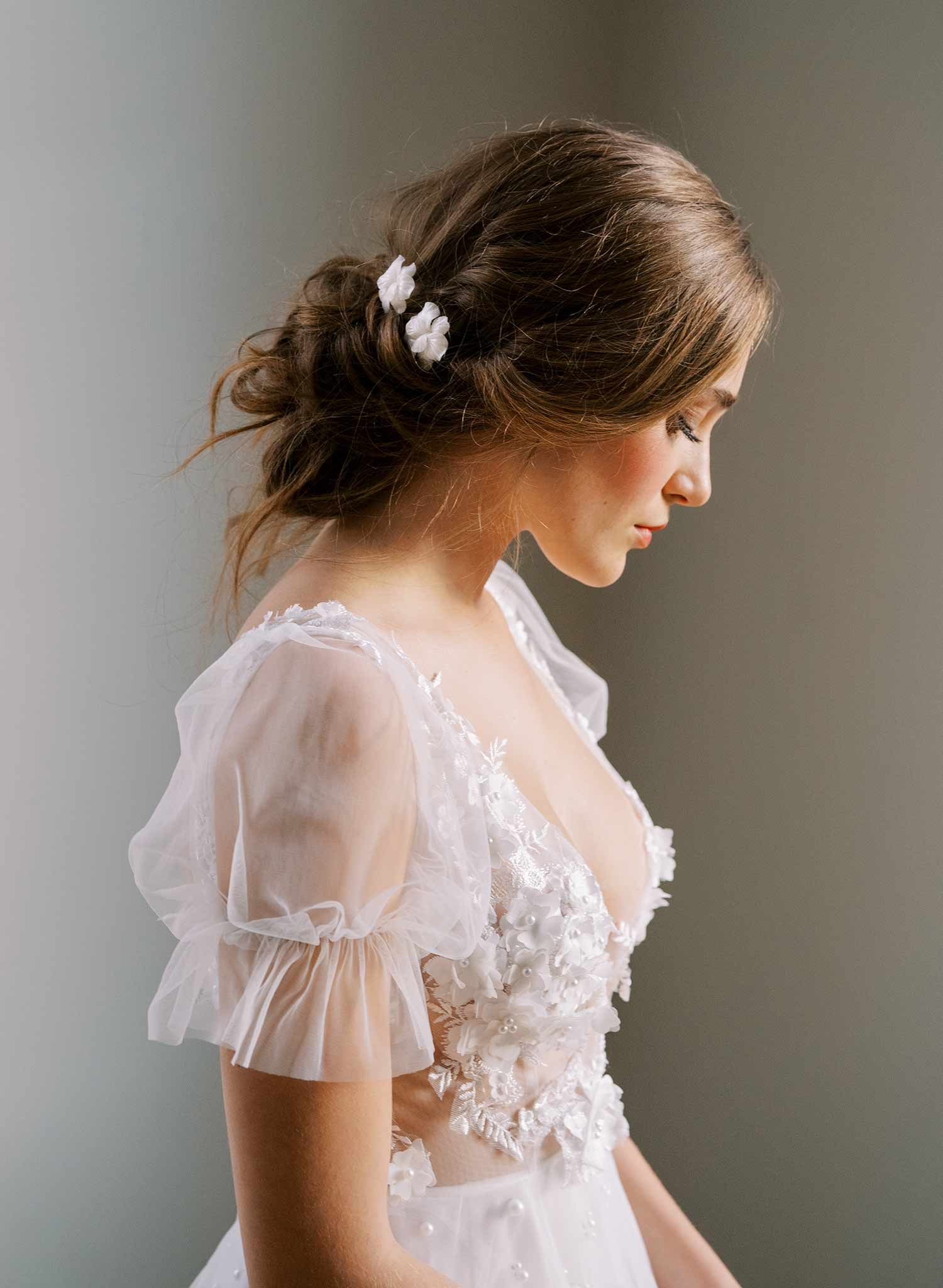 white handmade clay flower gold bridal hair pin set, twigs & honey