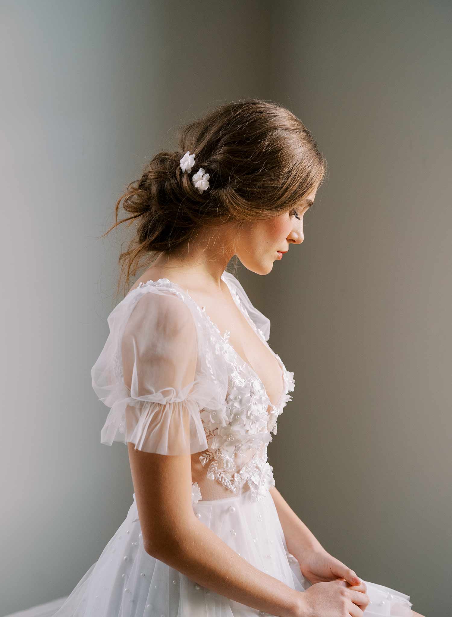 white handmade clay flower gold bridal hair pin set, twigs & honey