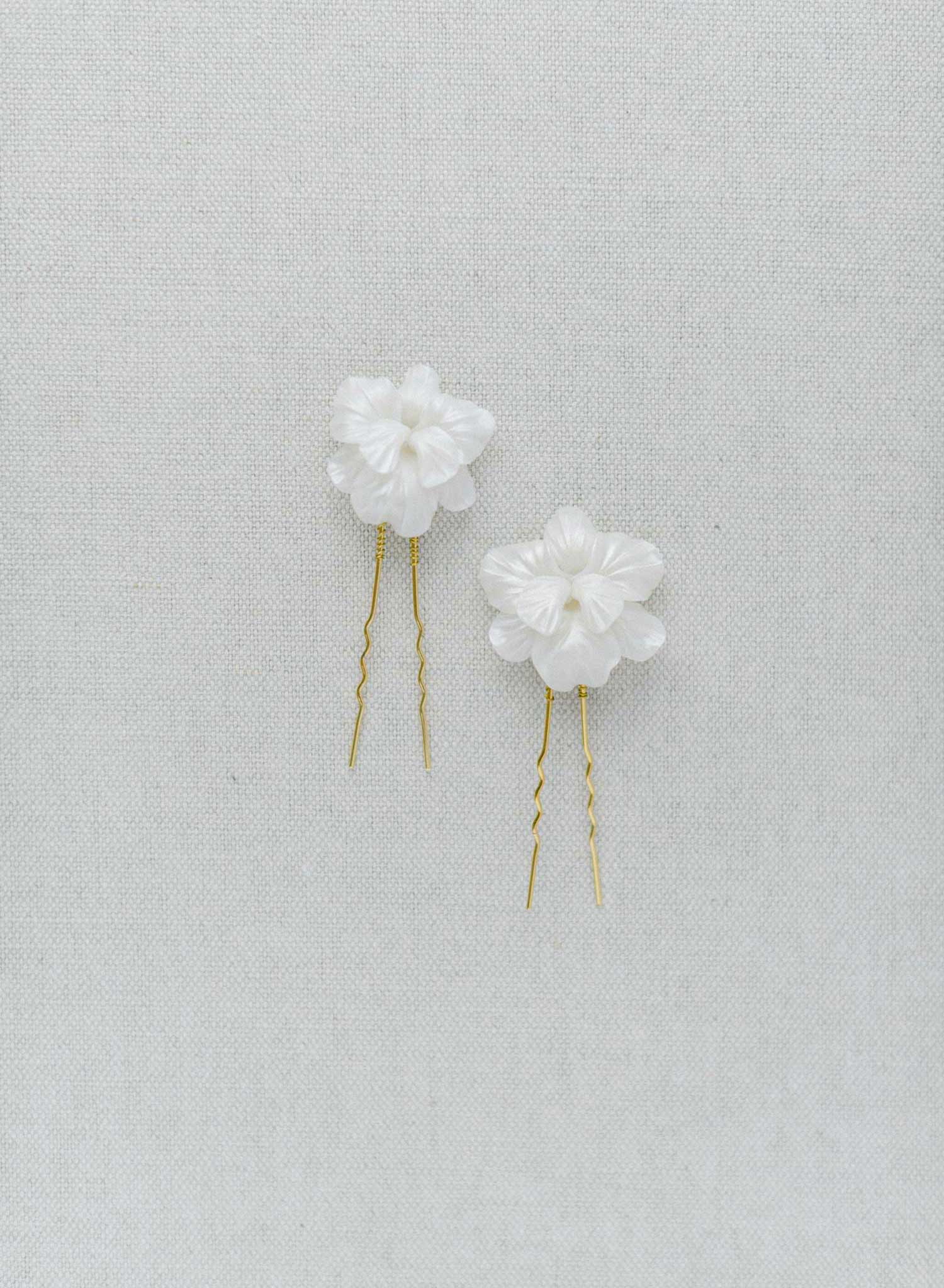 white handmade clay flower gold bridal hair pin set, twigs & honey
