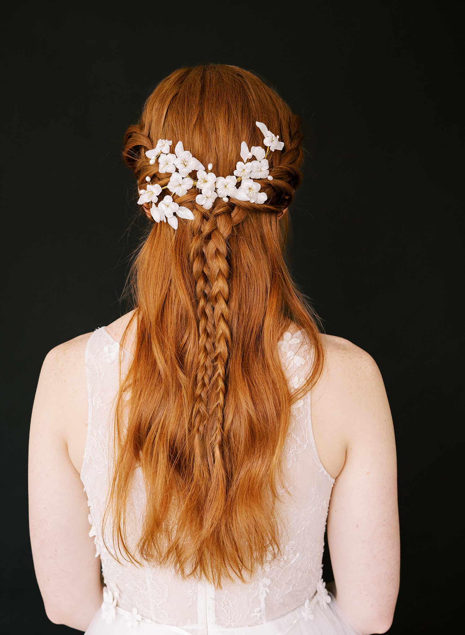 white handmade clay flower pearl gold bridal hair comb, twigs and honey
