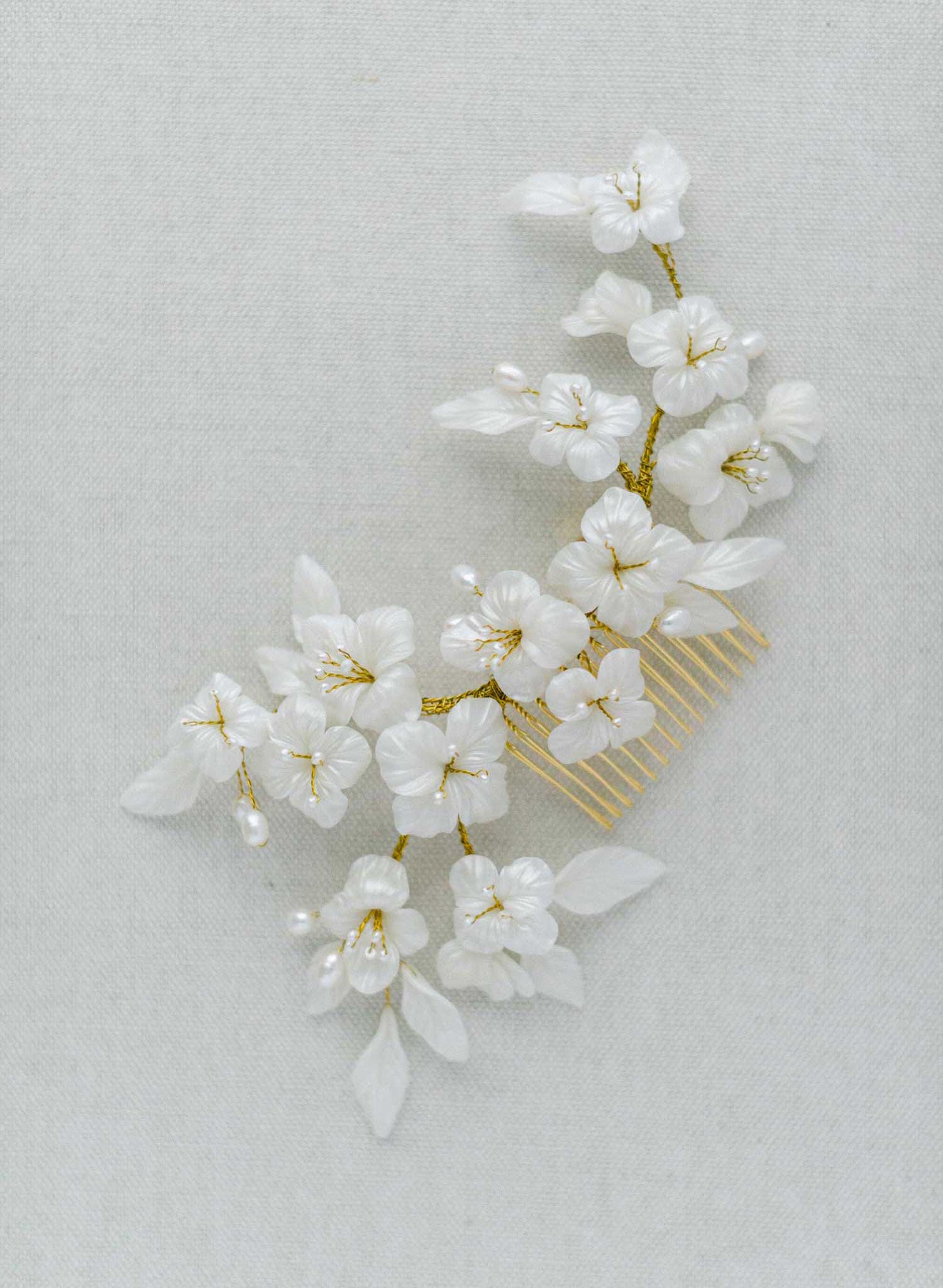 white handmade clay flower pearl gold bridal hair comb, twigs and honey
