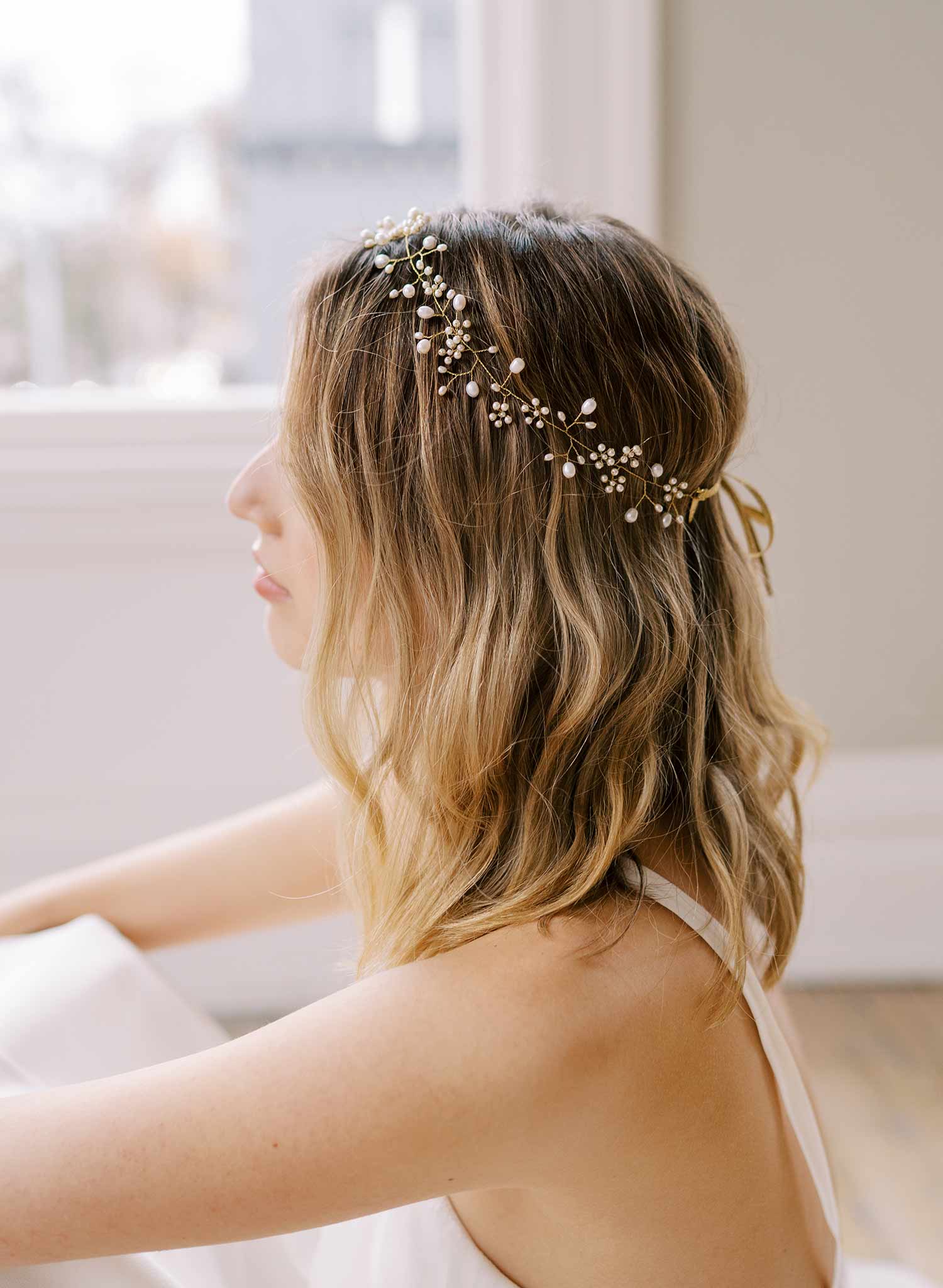 handmade wired pearl gold wedding headband hair vine, twigs & honey