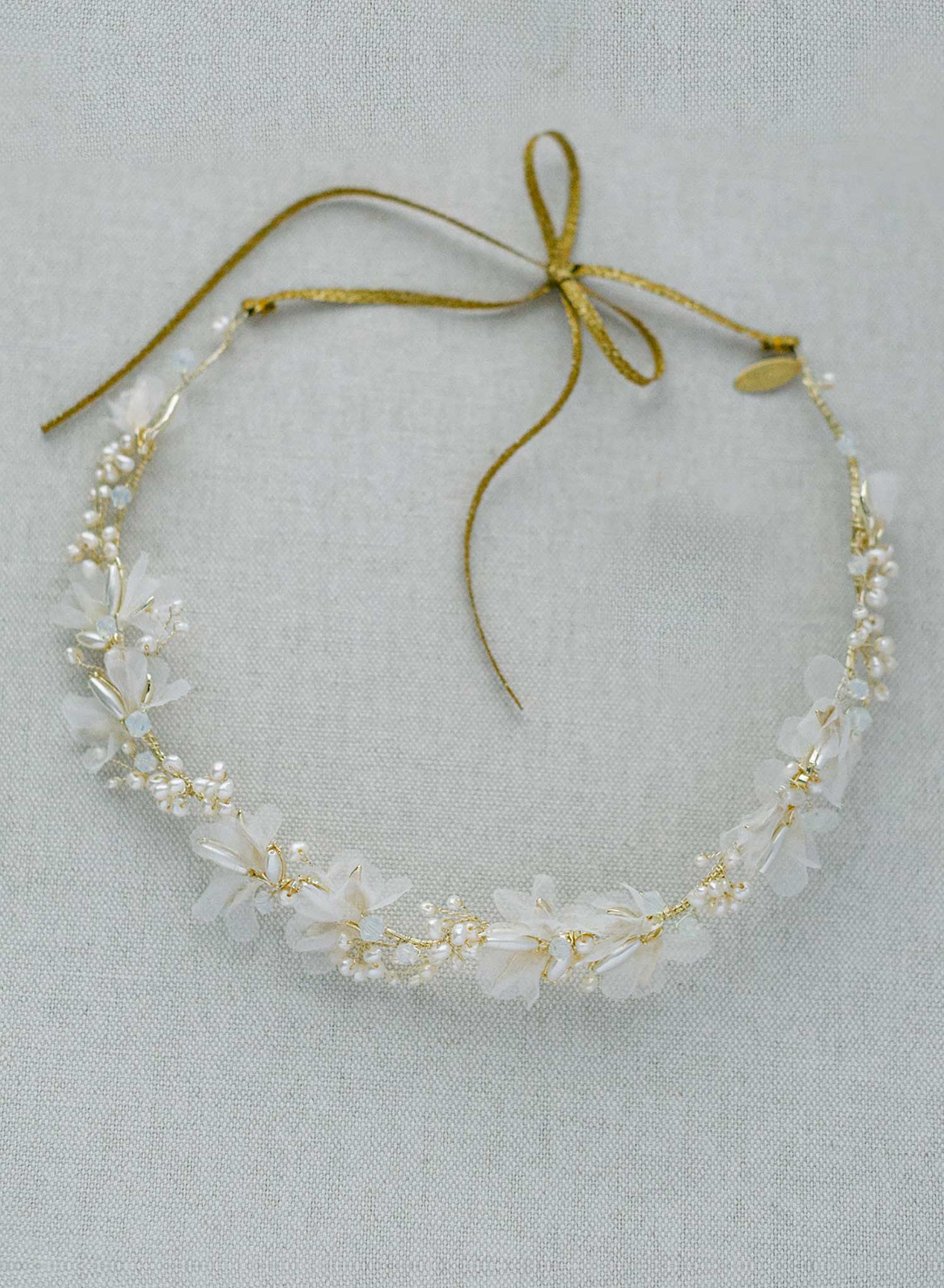 gold or silver pearl and silk petal bridal headband hair vine, twigs and honey