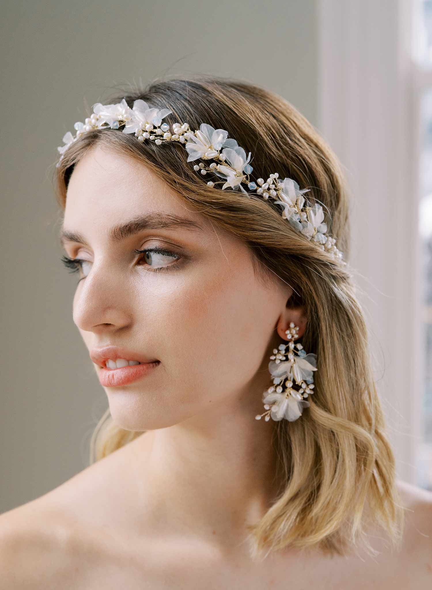 gold or silver pearl and silk petal bridal headband hair vine, twigs and honey