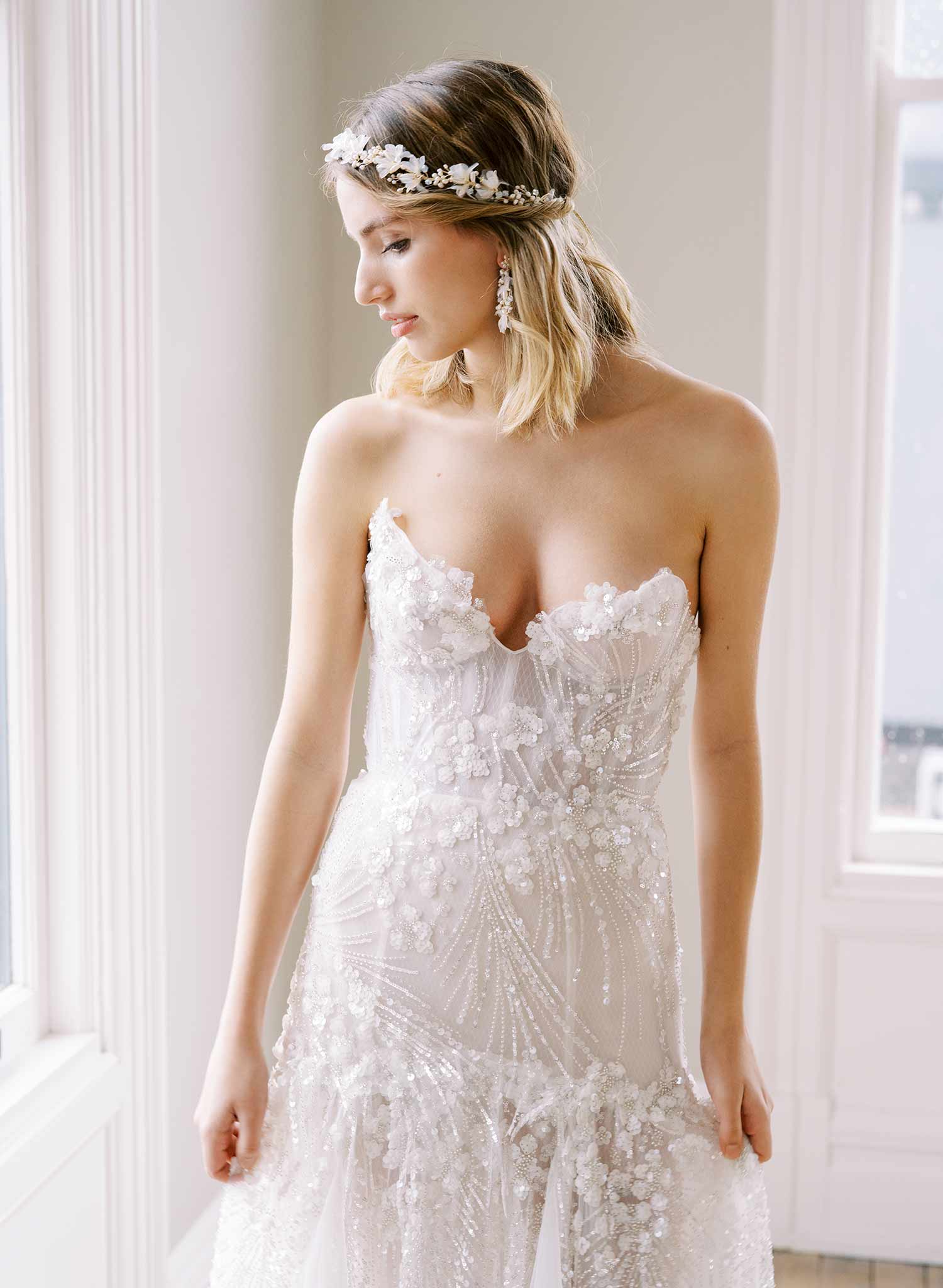 gold or silver pearl and silk petal bridal headband hair vine, twigs and honey