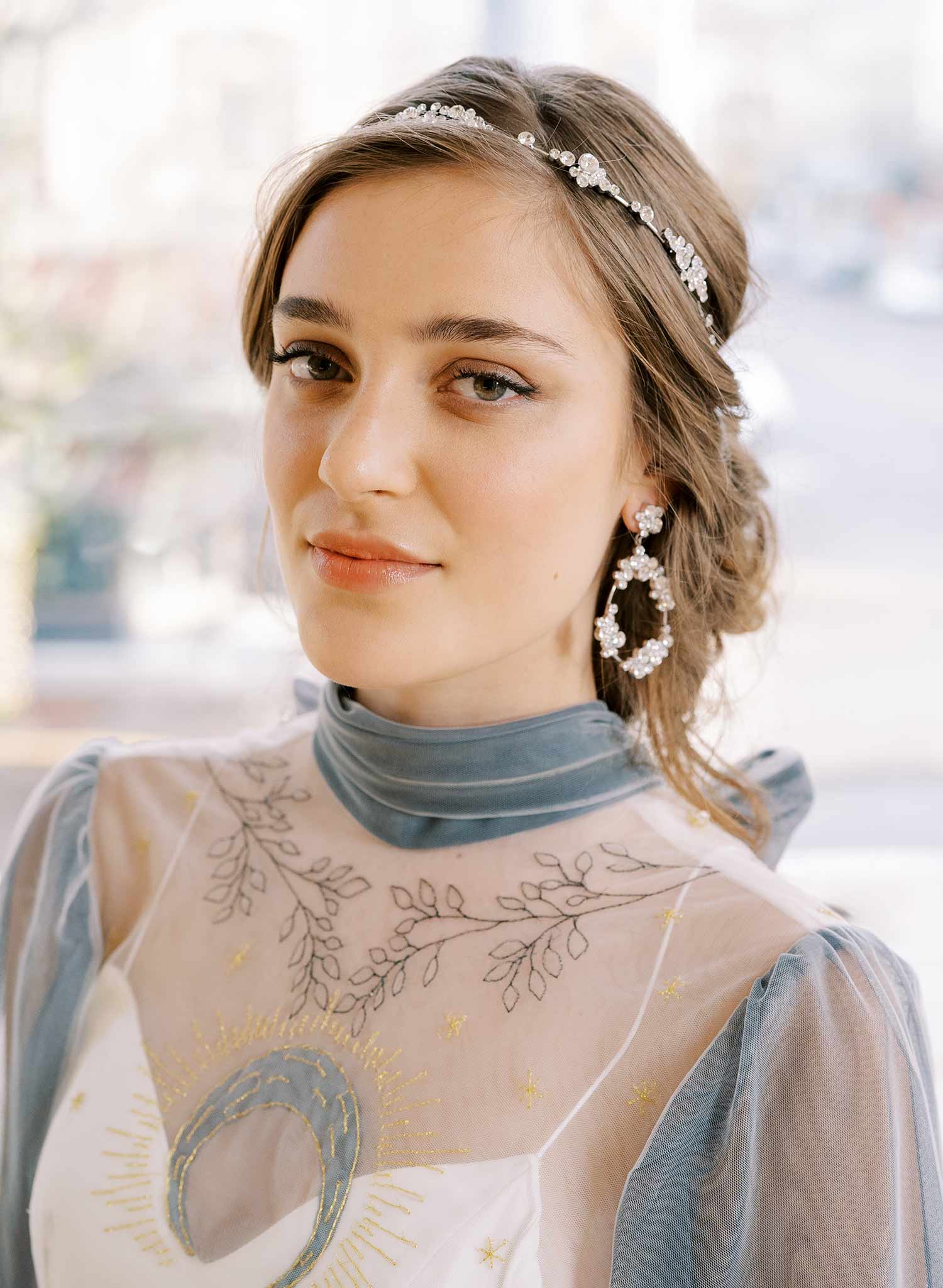 rigid sparkly crystal cluster gold or silver bridal hair halo headband, twigs and honey