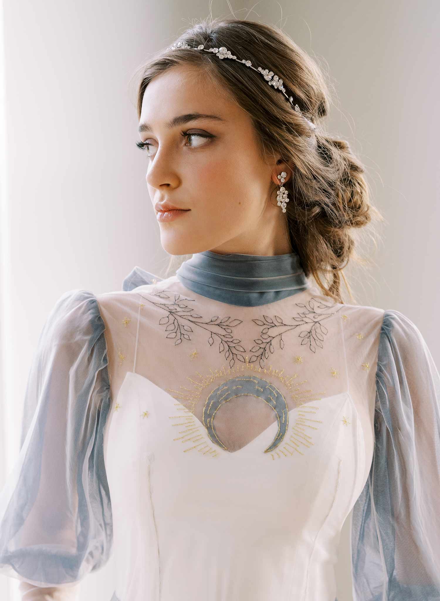 rigid sparkly crystal cluster gold or silver bridal hair halo headband, twigs and honey
