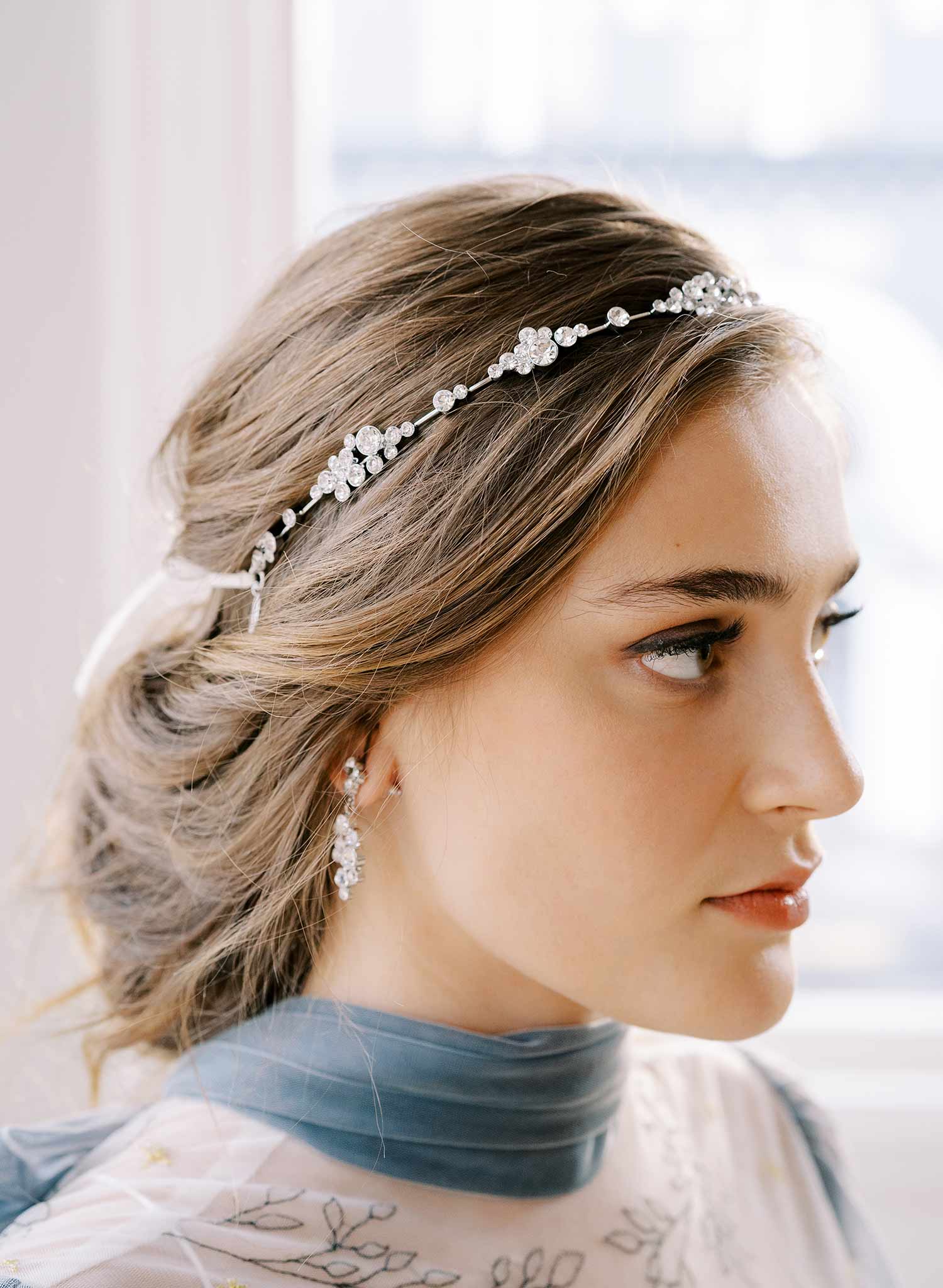 rigid sparkly crystal cluster gold or silver bridal hair halo headband, twigs and honey