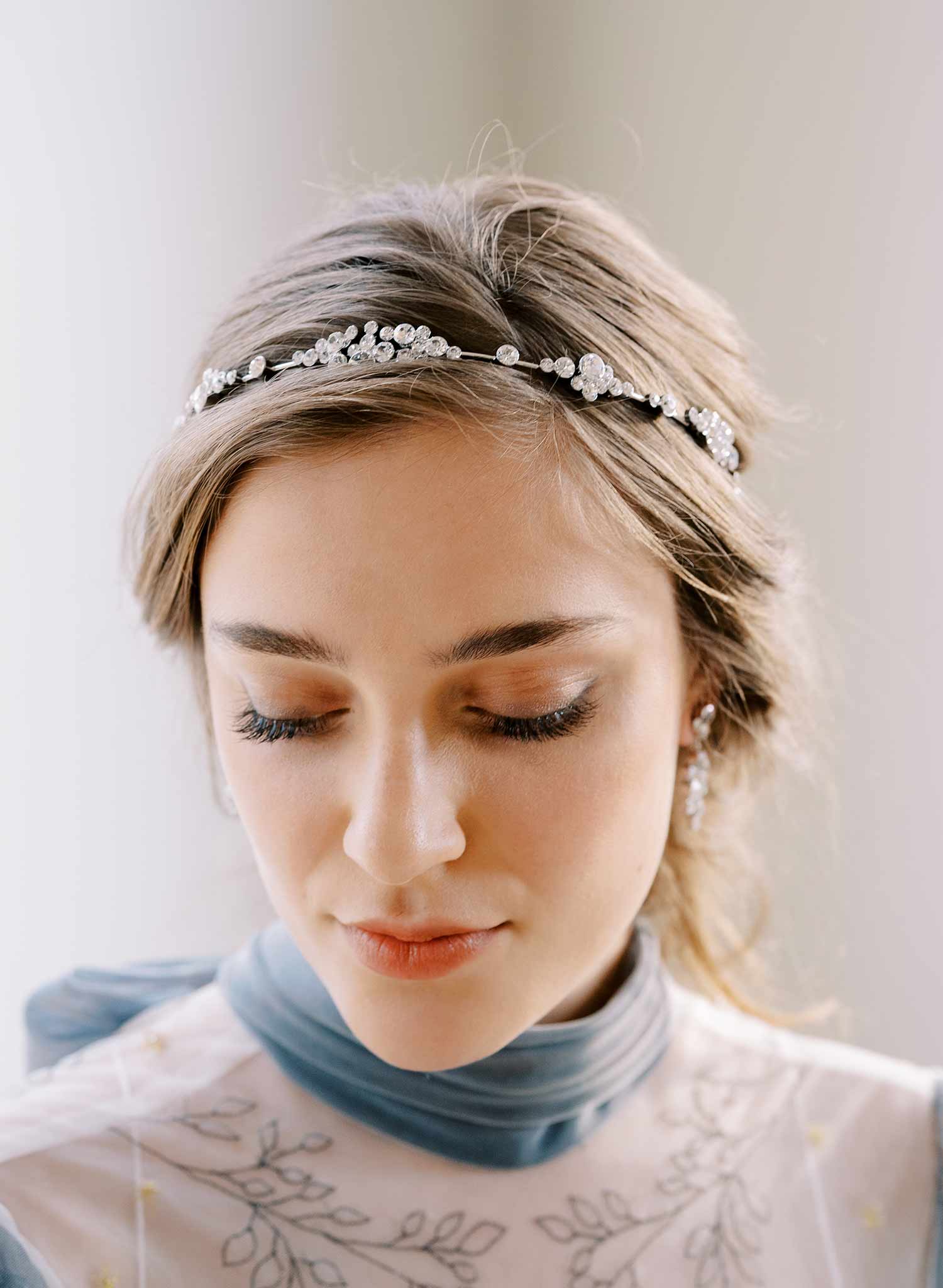 rigid sparkly crystal cluster gold or silver bridal hair halo headband, twigs and honey