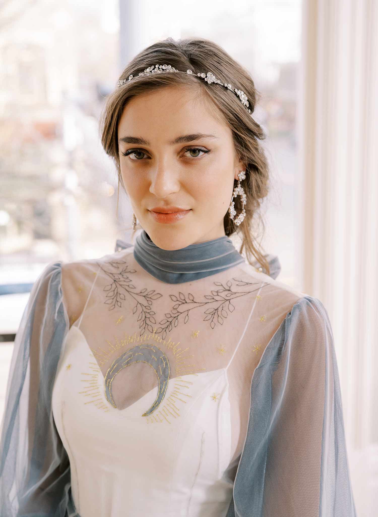 rigid sparkly crystal cluster gold or silver bridal hair halo headband, twigs and honey