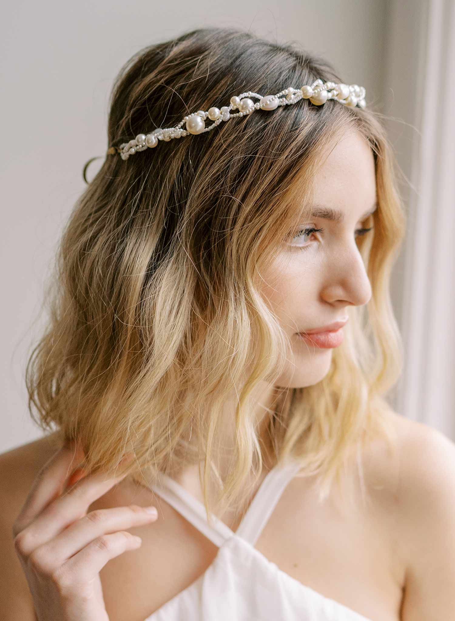 twisted handmade intertwined pearl wired bridal headband, twigs & honey