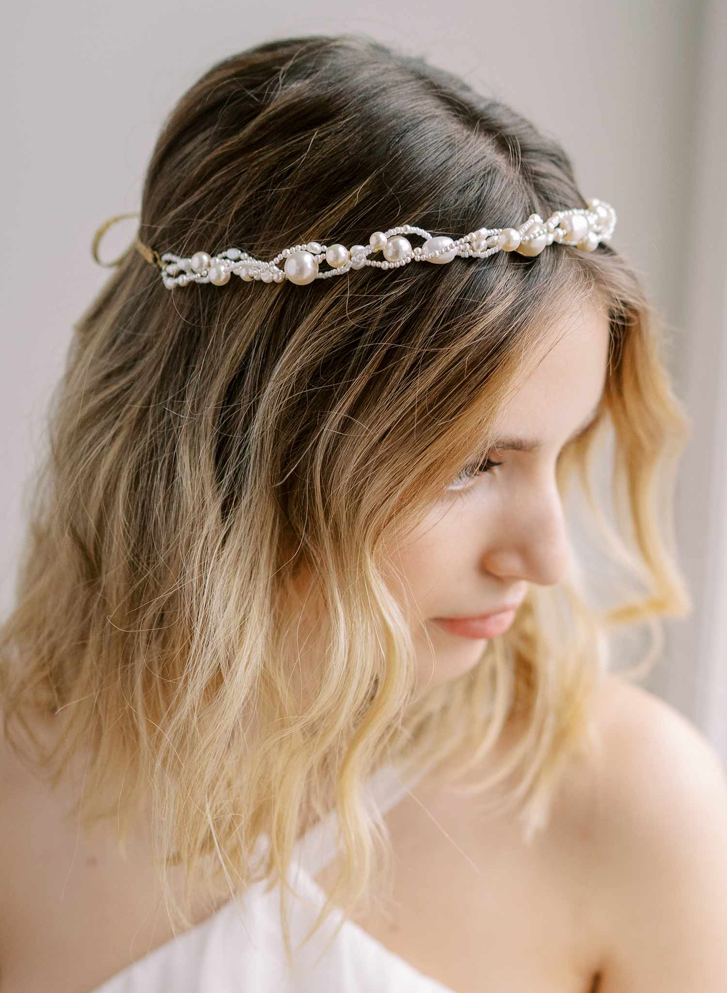 twisted handmade intertwined pearl wired bridal headband, twigs & honey