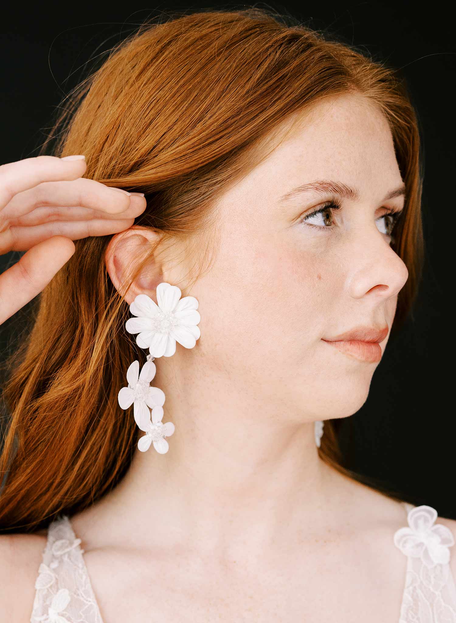 embroidered floral fabric white crystal hanging bridal earrings, twigs & honey