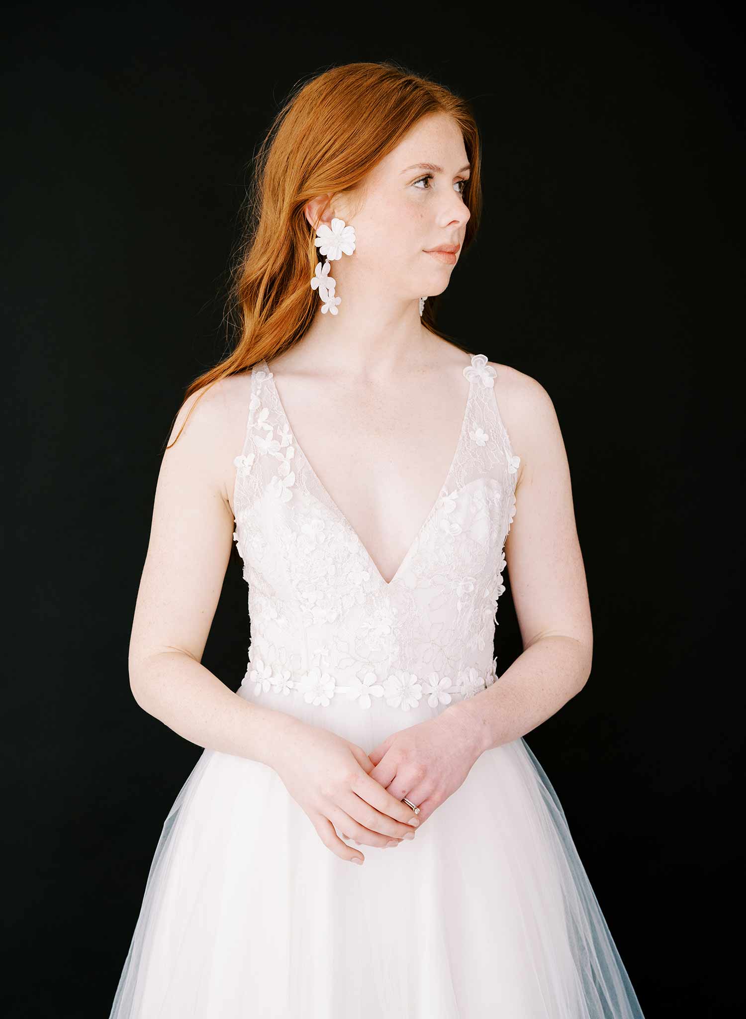 embroidered floral fabric white crystal hanging bridal earrings, twigs & honey