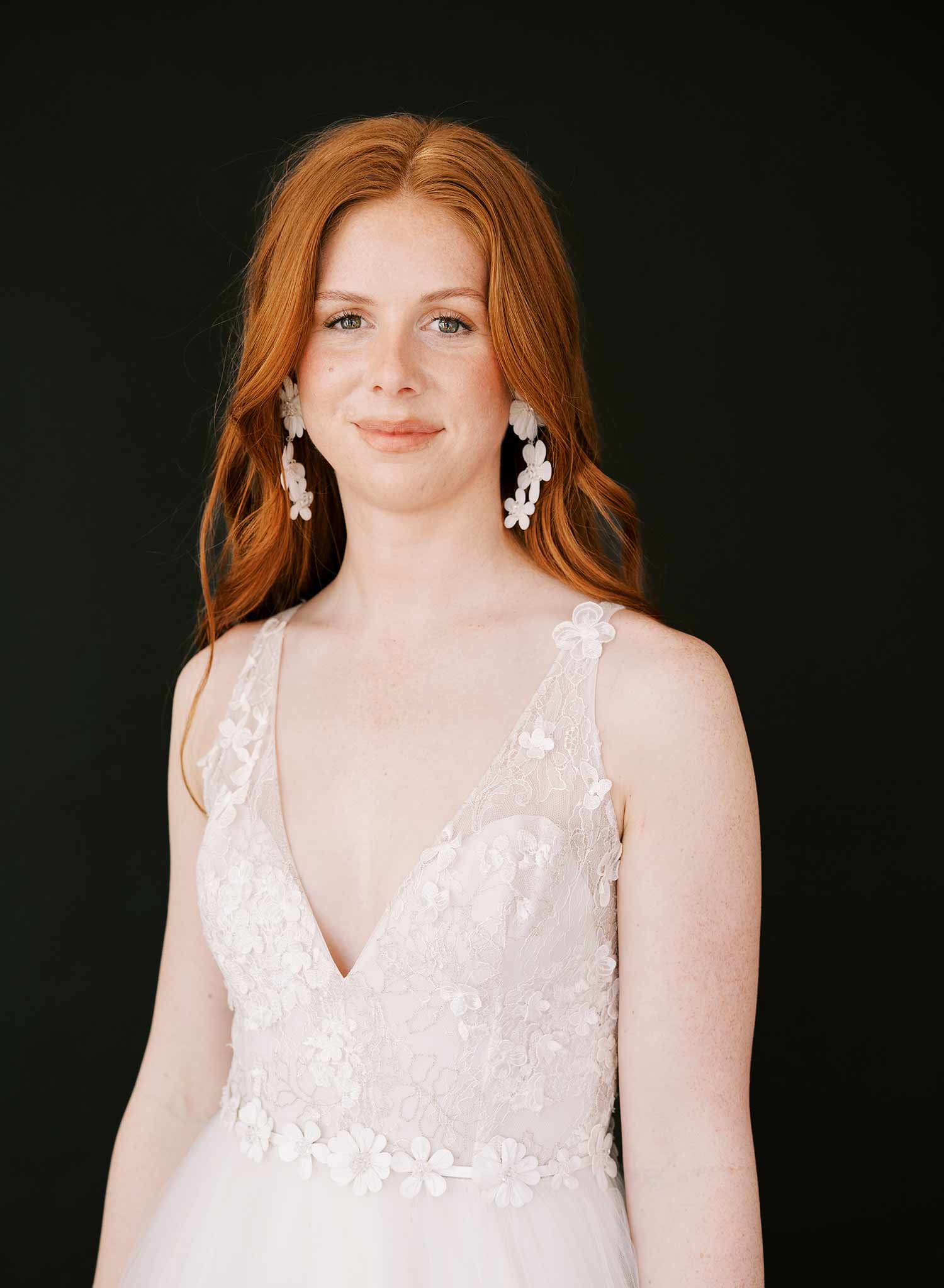 embroidered floral fabric white crystal hanging bridal earrings, twigs & honey