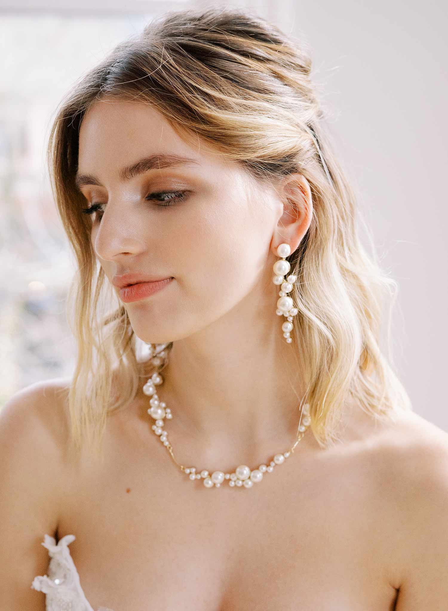 linear gold or silver pearl dangle bridal earrings, twigs & honey