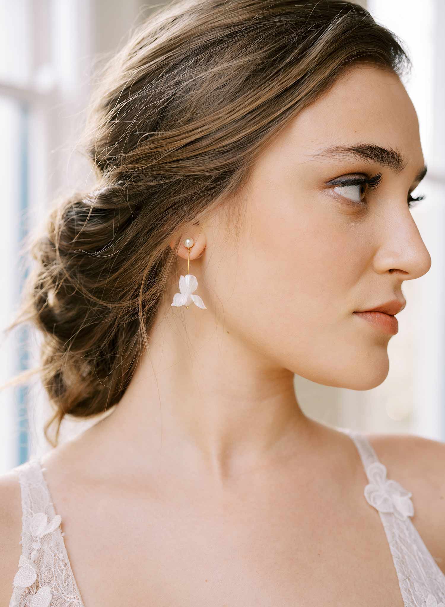 handmade clay iris flower short hanging gold wedding earrings, twigs and honey