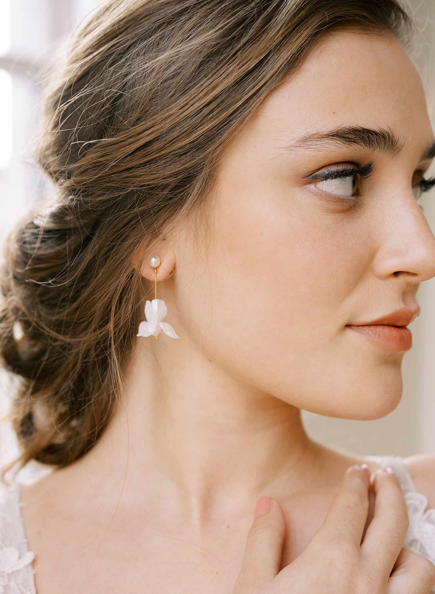 handmade clay iris flower short hanging gold wedding earrings, twigs and honey