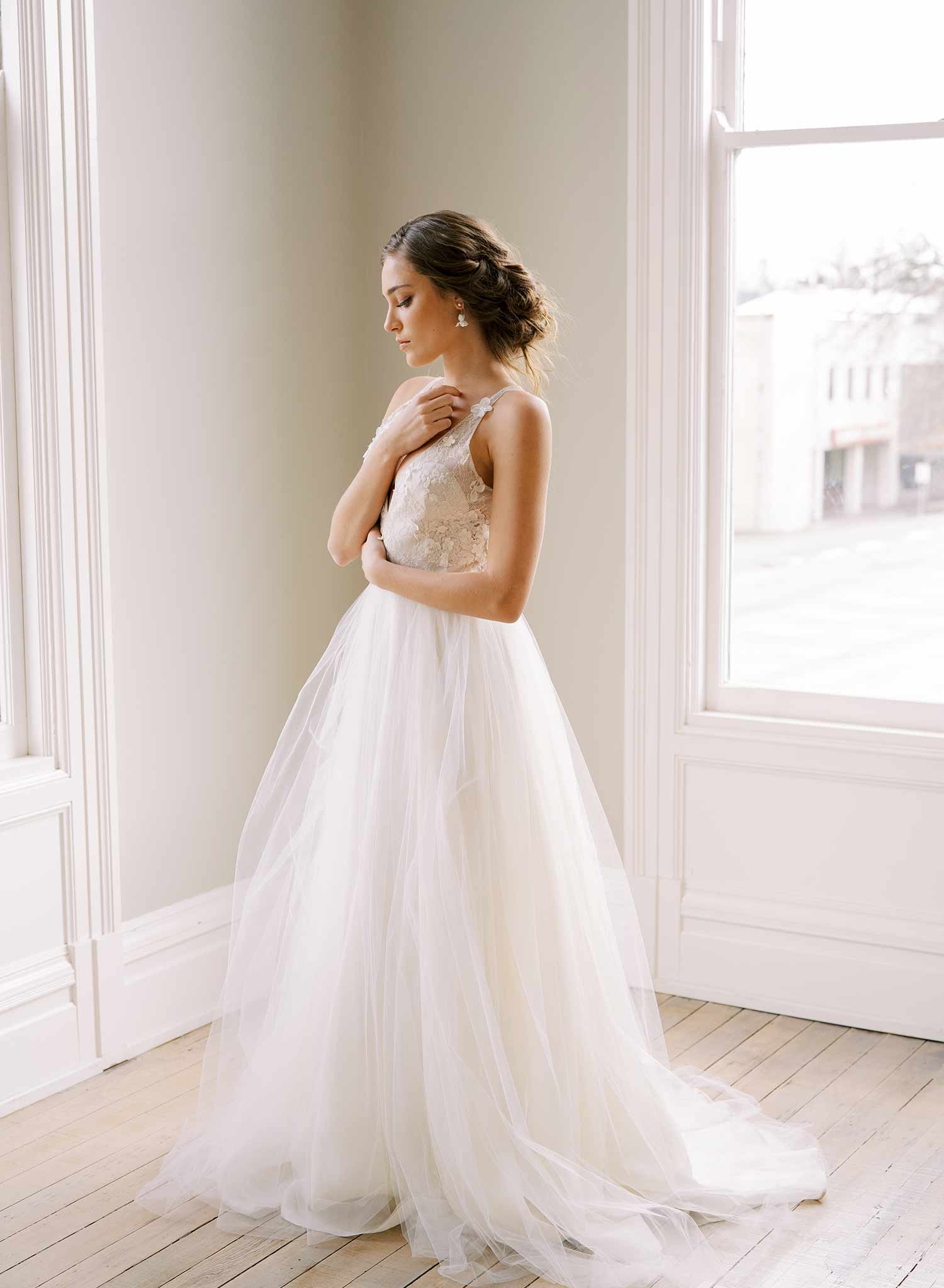 handmade clay iris flower short hanging gold wedding earrings, twigs and honey