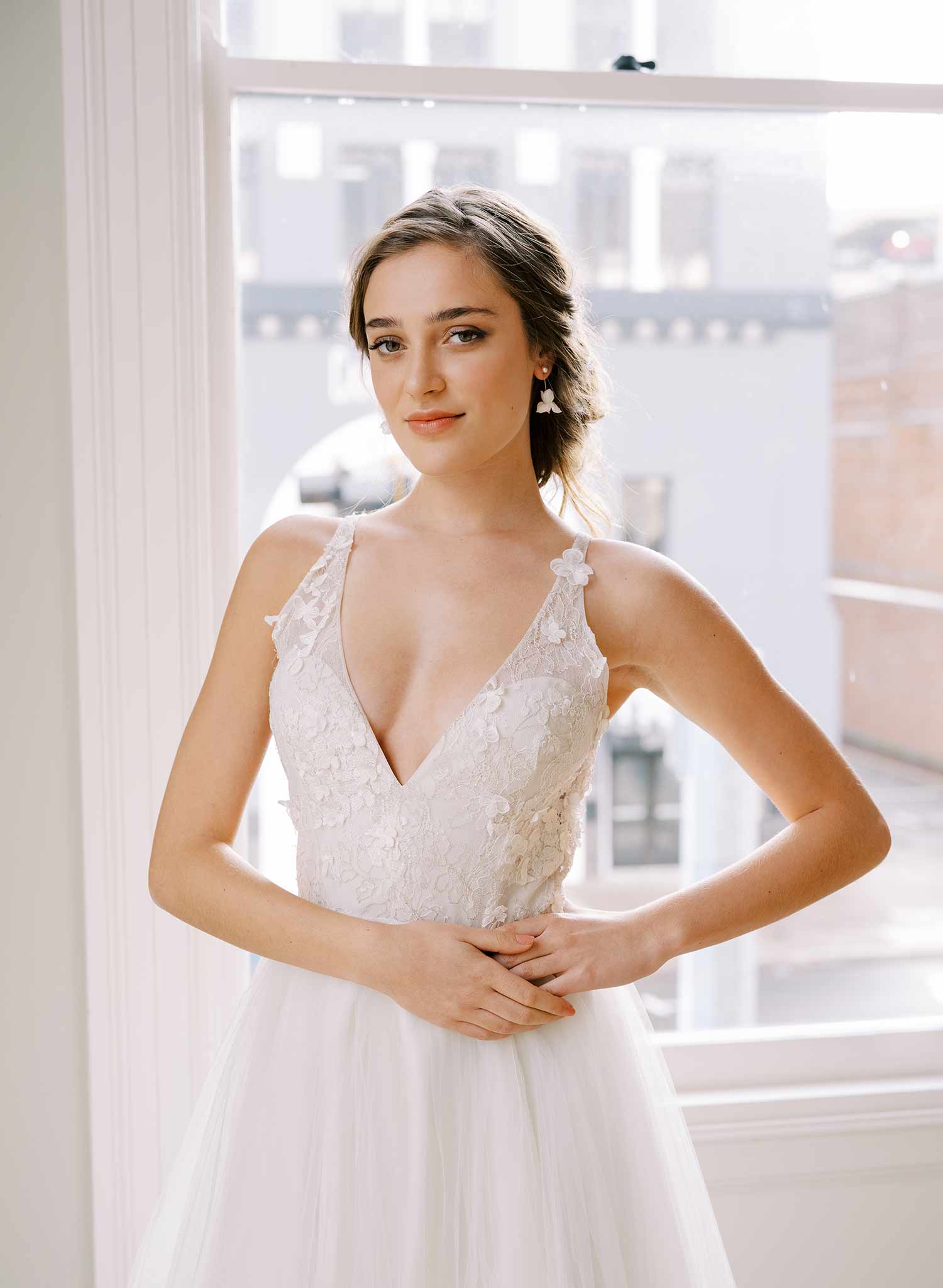 handmade clay iris flower short hanging gold wedding earrings, twigs and honey