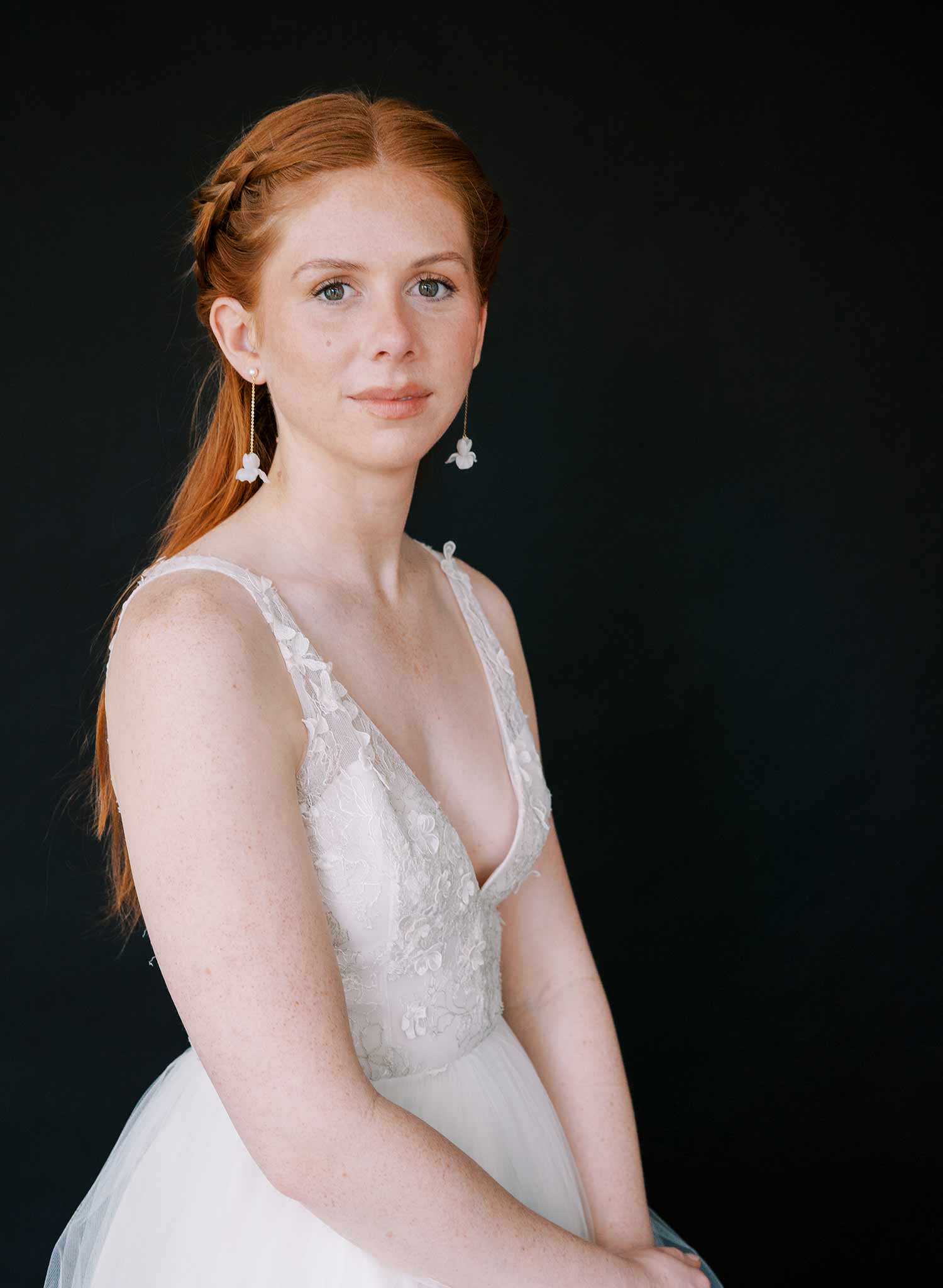 handmade clay iris flower hanging gold wedding earrings, twigs and honey