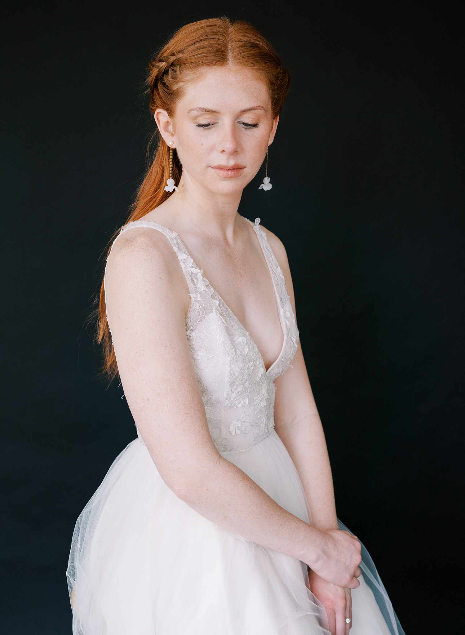 handmade clay iris flower hanging gold wedding earrings, twigs and honey