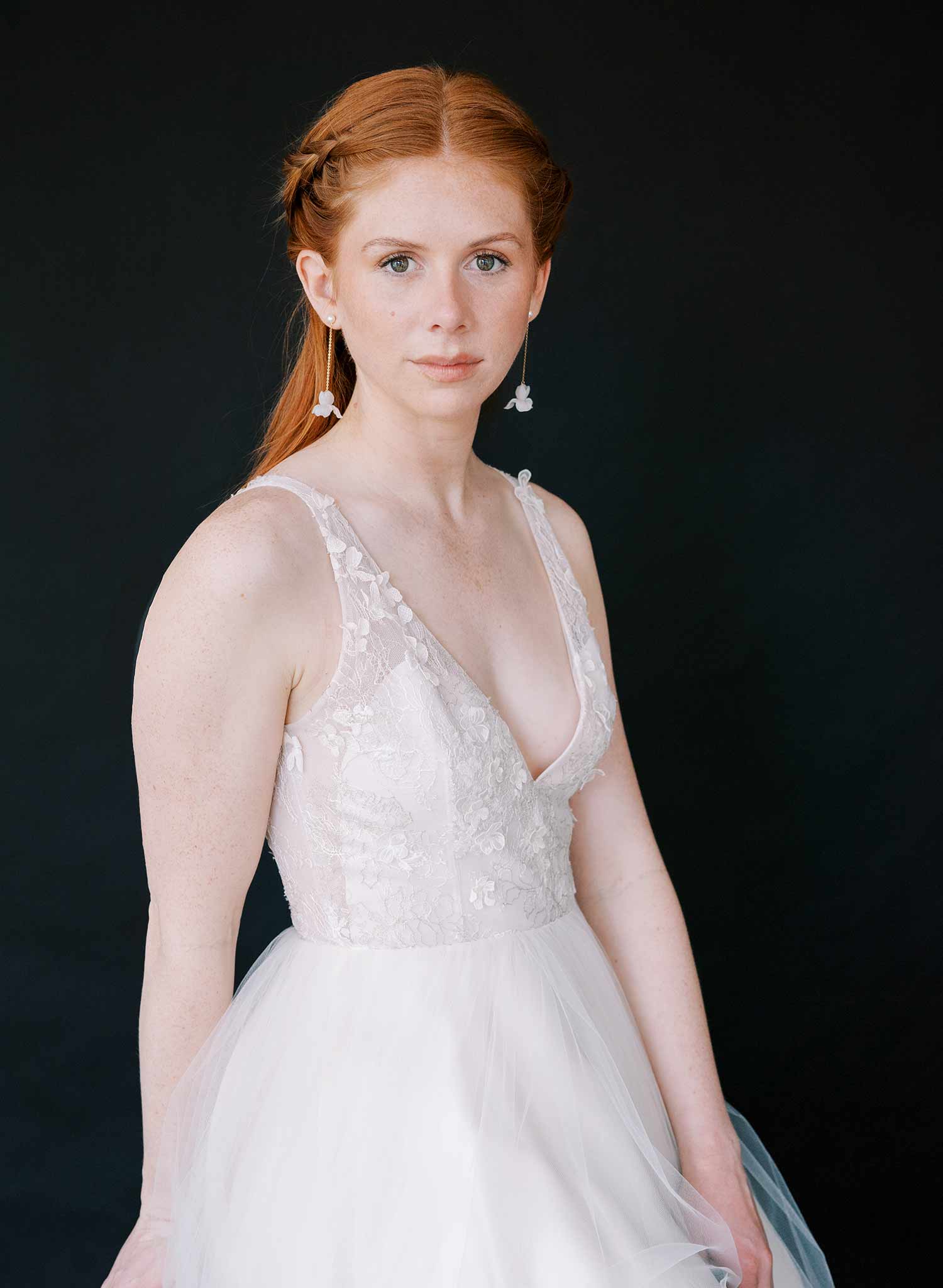 handmade clay iris flower hanging gold wedding earrings, twigs and honey