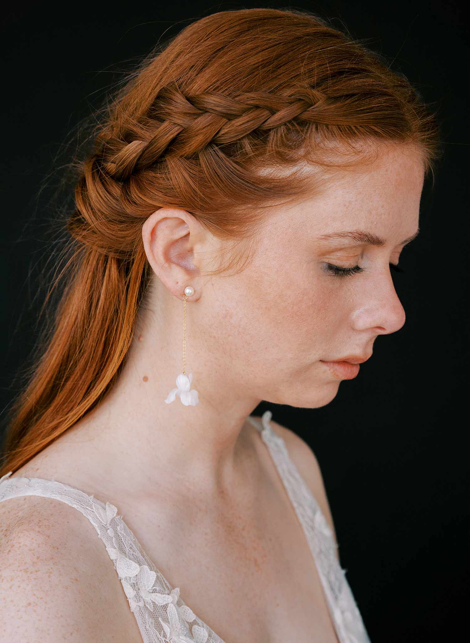 handmade clay iris flower hanging gold wedding earrings, twigs and honey