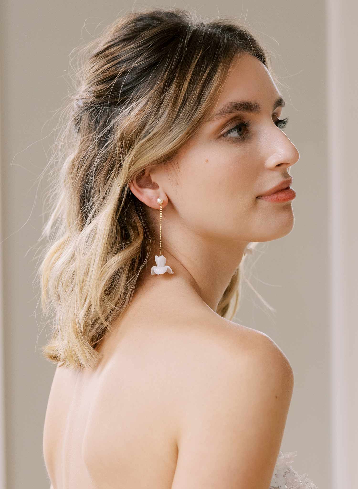 handmade clay iris flower hanging gold wedding earrings, twigs and honey