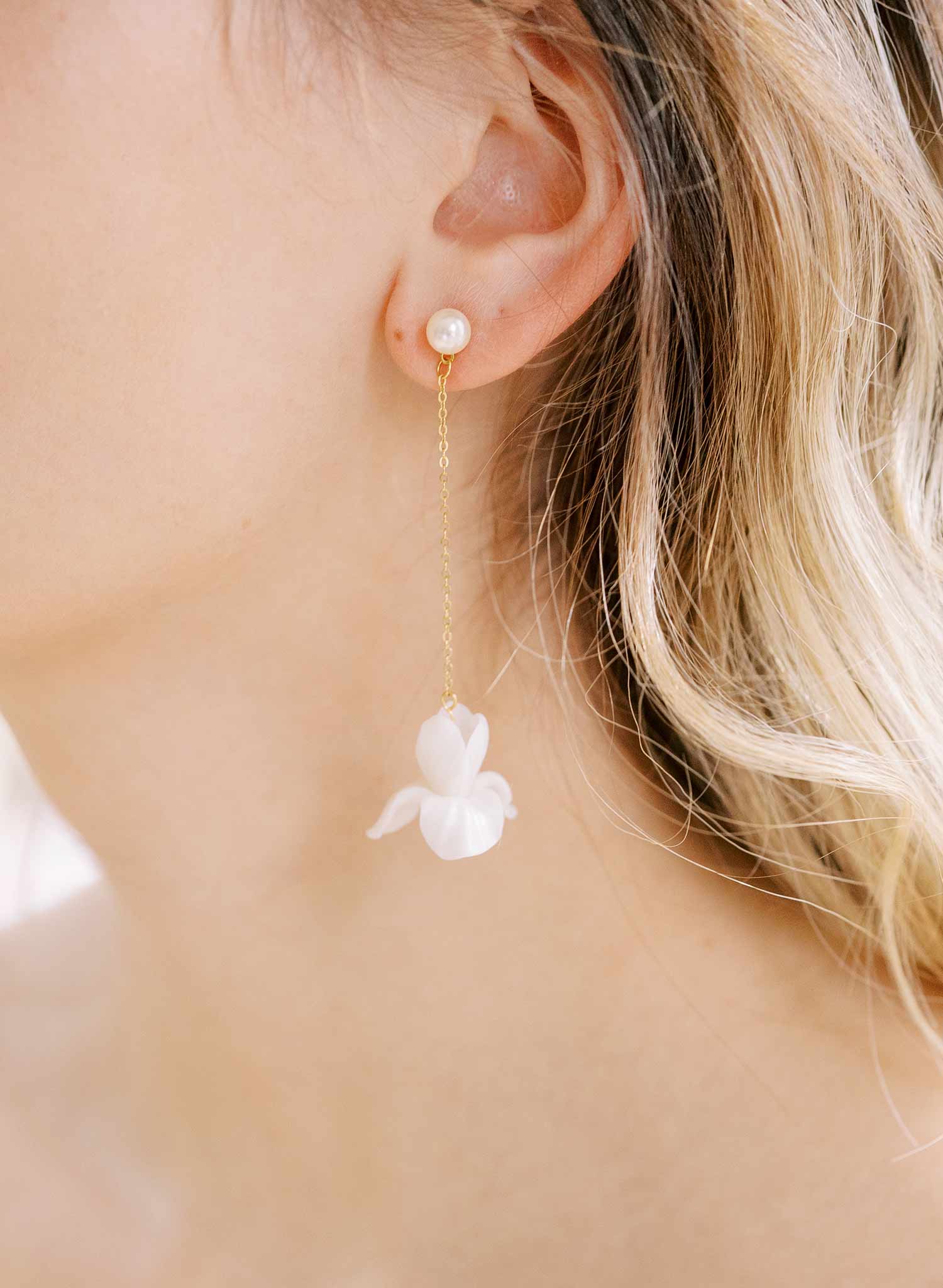 handmade clay iris flower hanging gold wedding earrings, twigs and honey