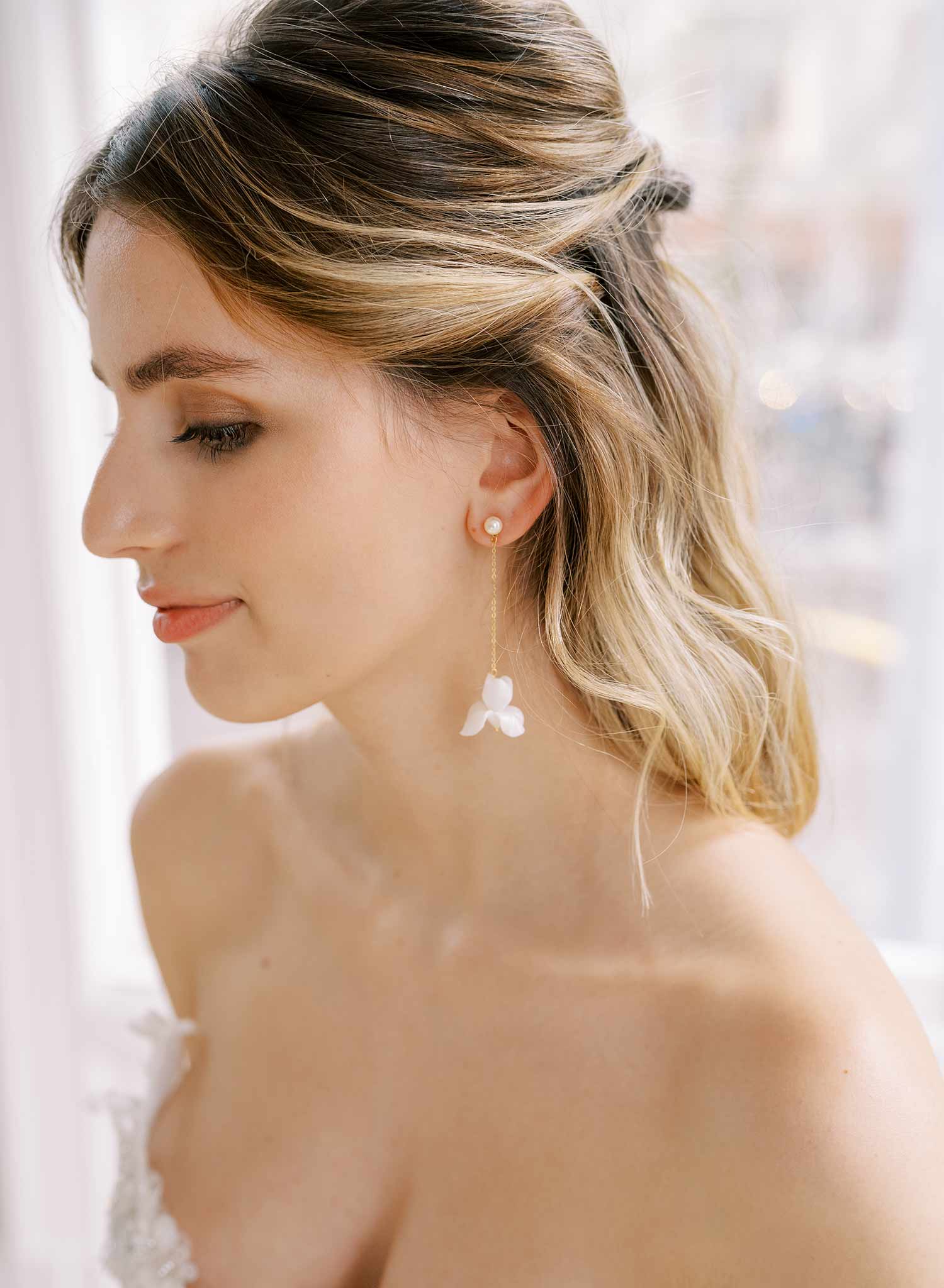 handmade clay iris flower hanging gold wedding earrings, twigs and honey