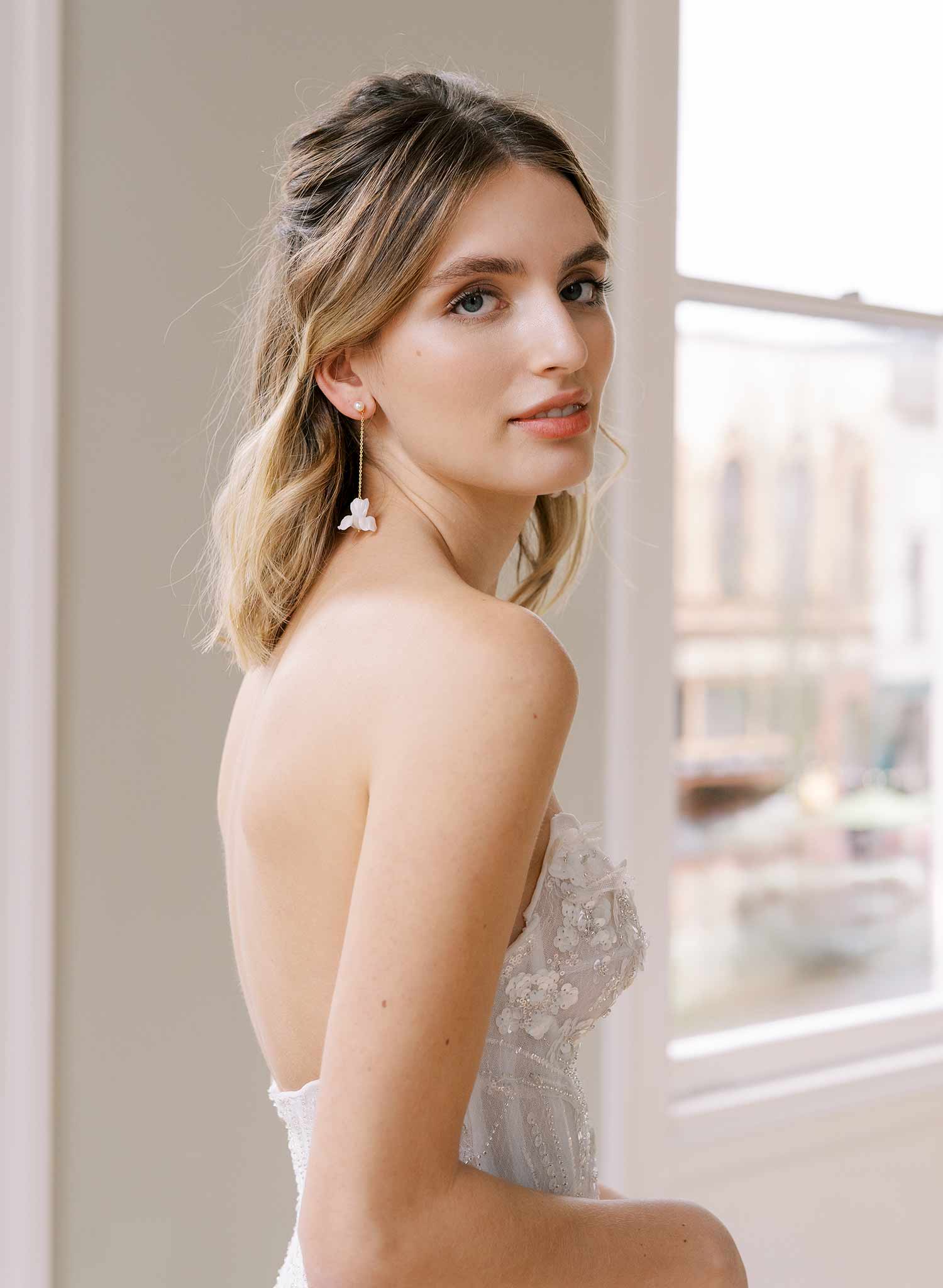 handmade clay iris flower hanging gold wedding earrings, twigs and honey