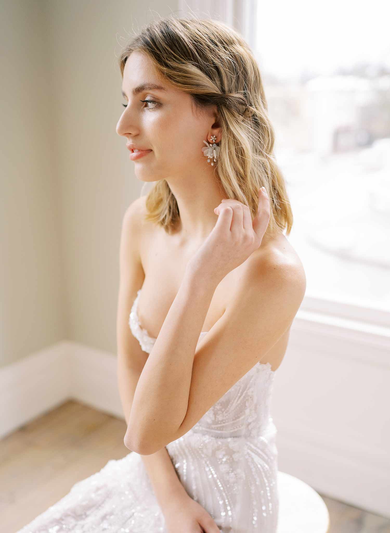 short pearl earrings gold or silver with silk petals, twigs and honey