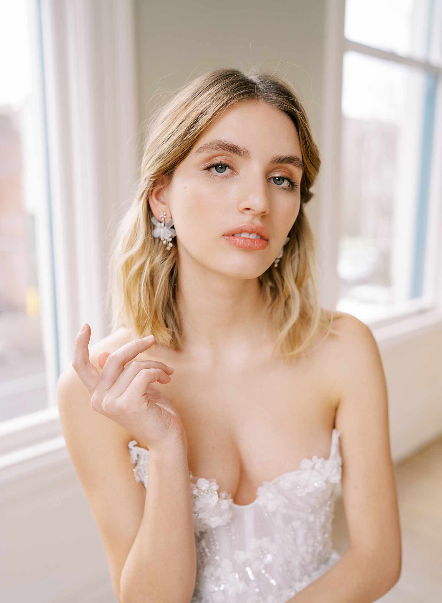 short pearl earrings gold or silver with silk petals, twigs and honey