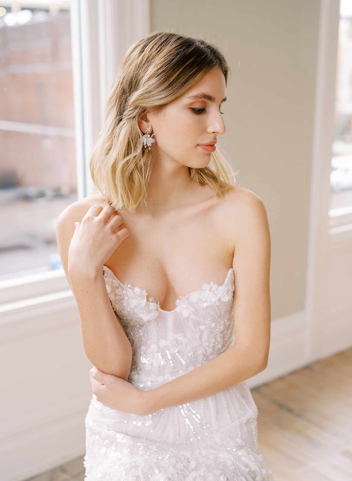 short pearl earrings gold or silver with silk petals, twigs and honey