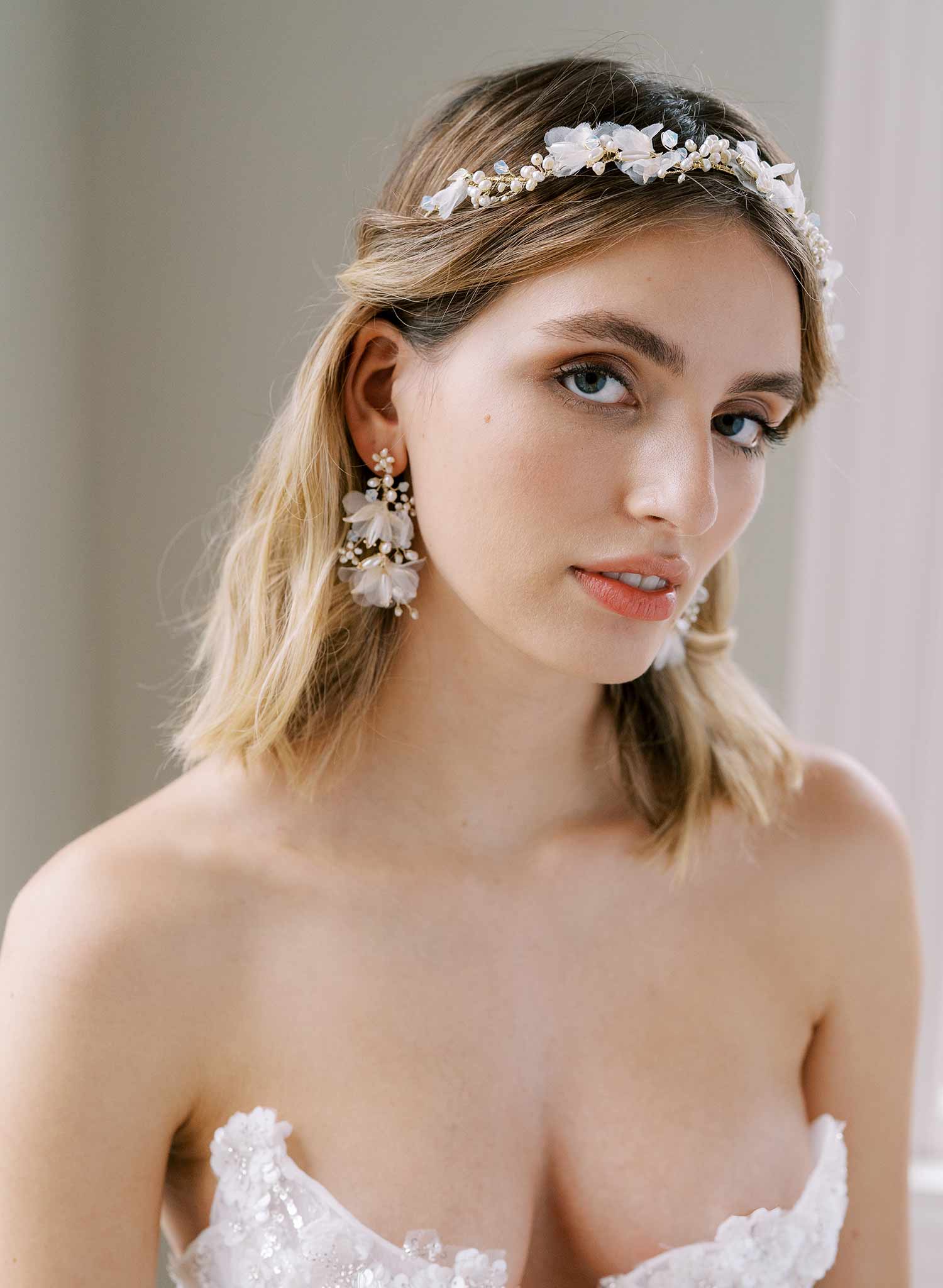long pearl earring gold or silver with silk petals, twigs & honey