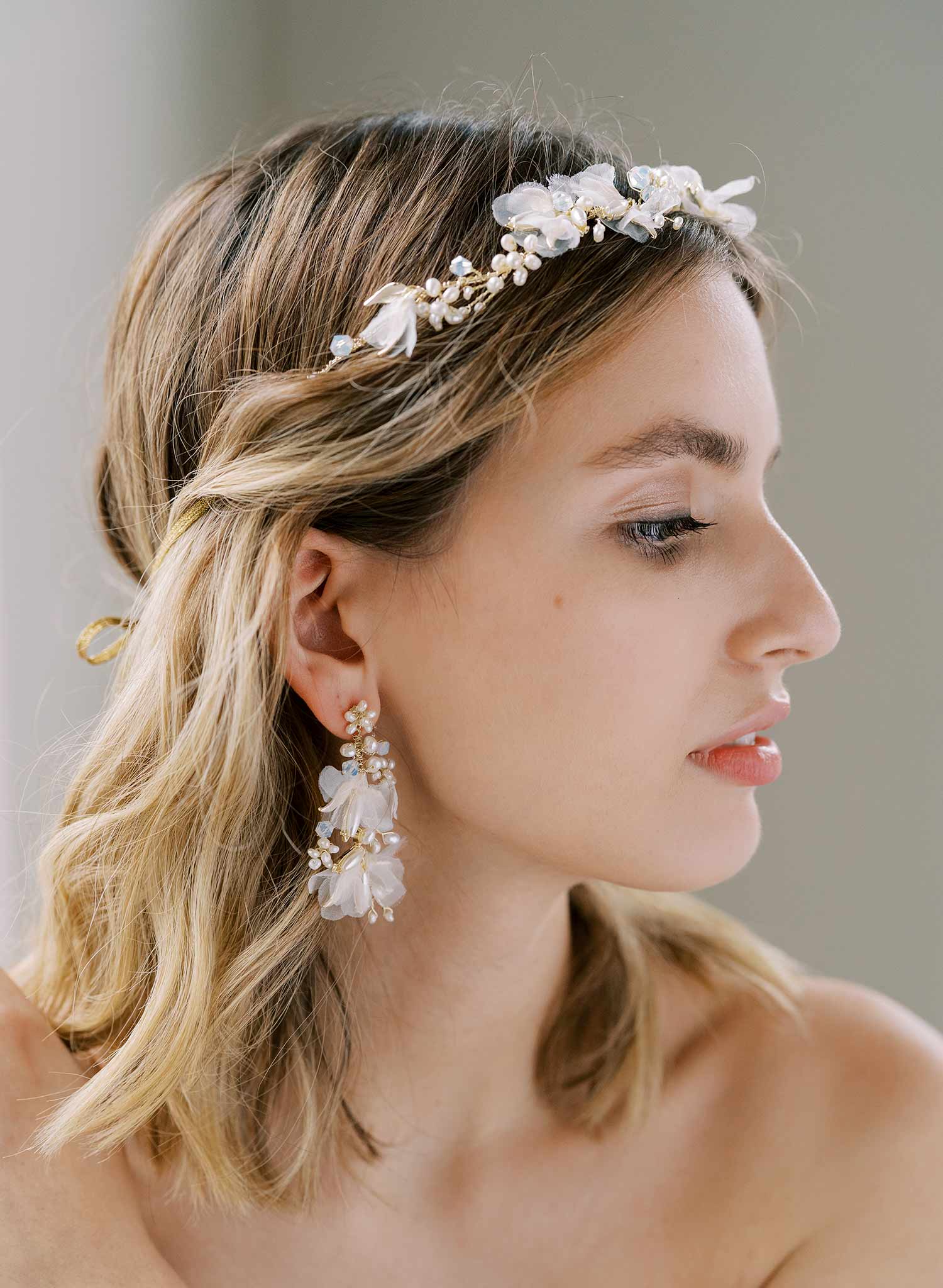 long pearl earring gold or silver with silk petals, twigs & honey