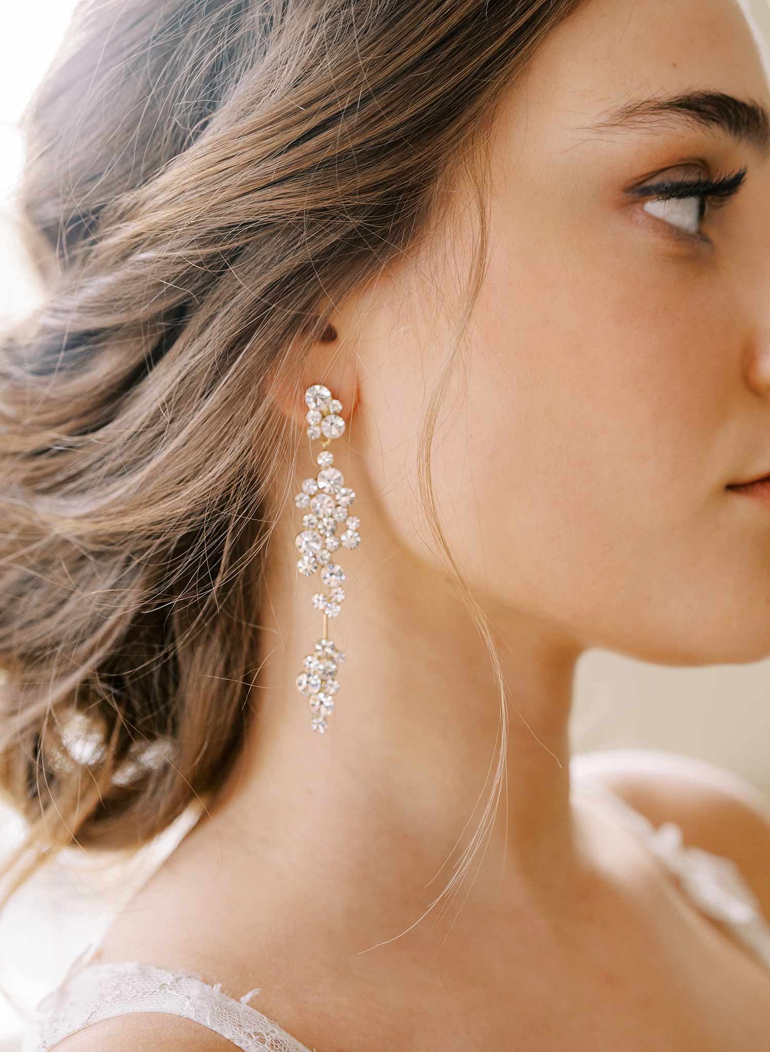 long crystal bubble gold and silver dangle wedding earrings, twigs and honey