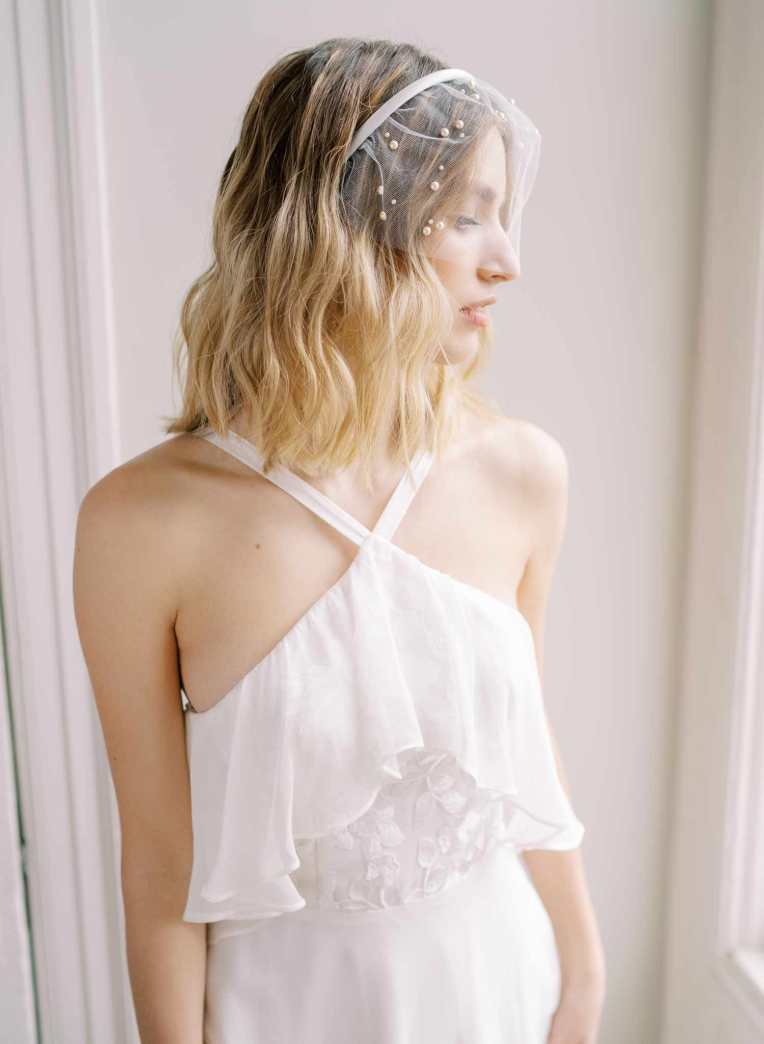short tulle headband pearl wedding headband, twigs and honey