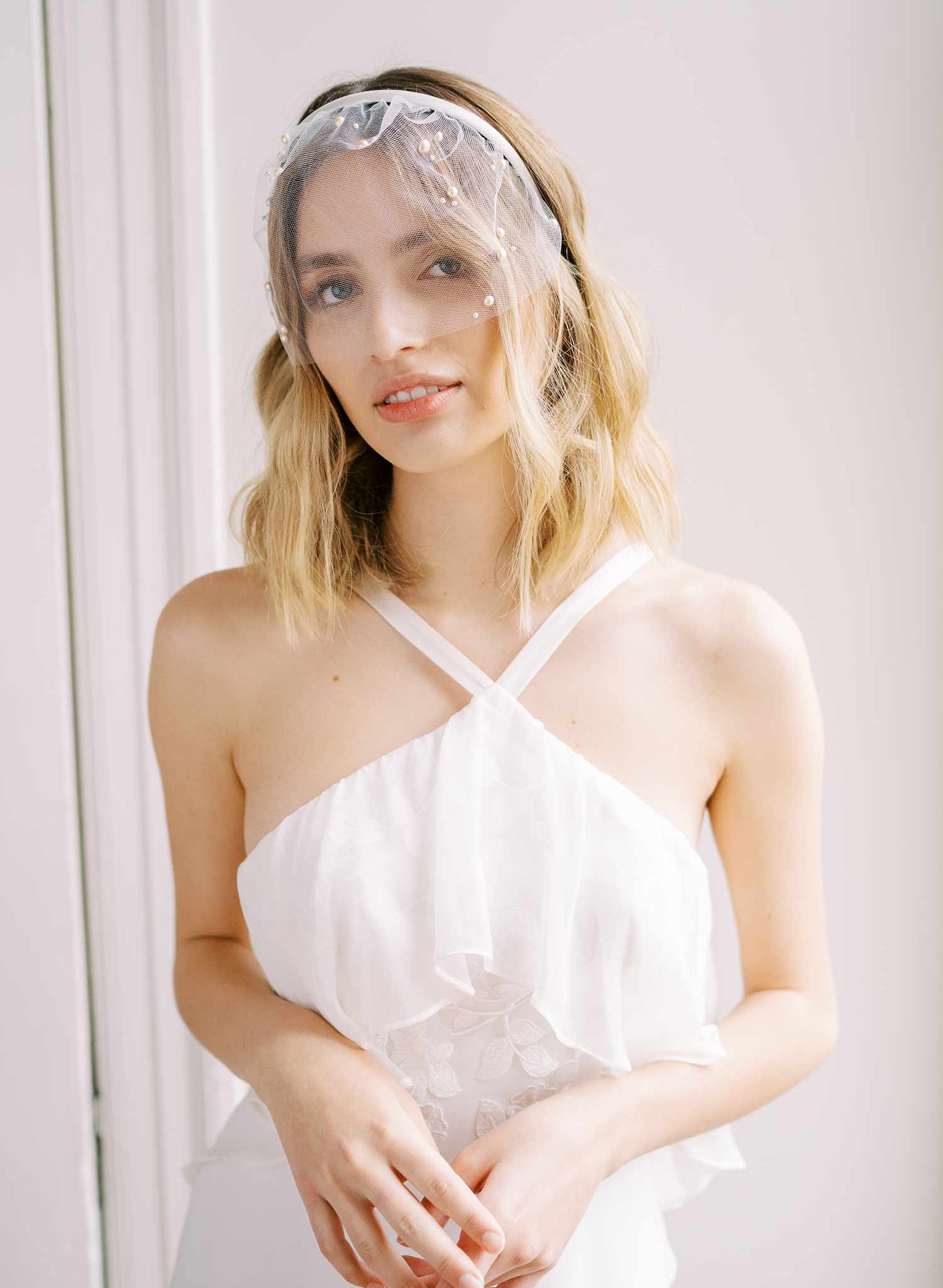 short tulle headband pearl wedding headband, twigs and honey