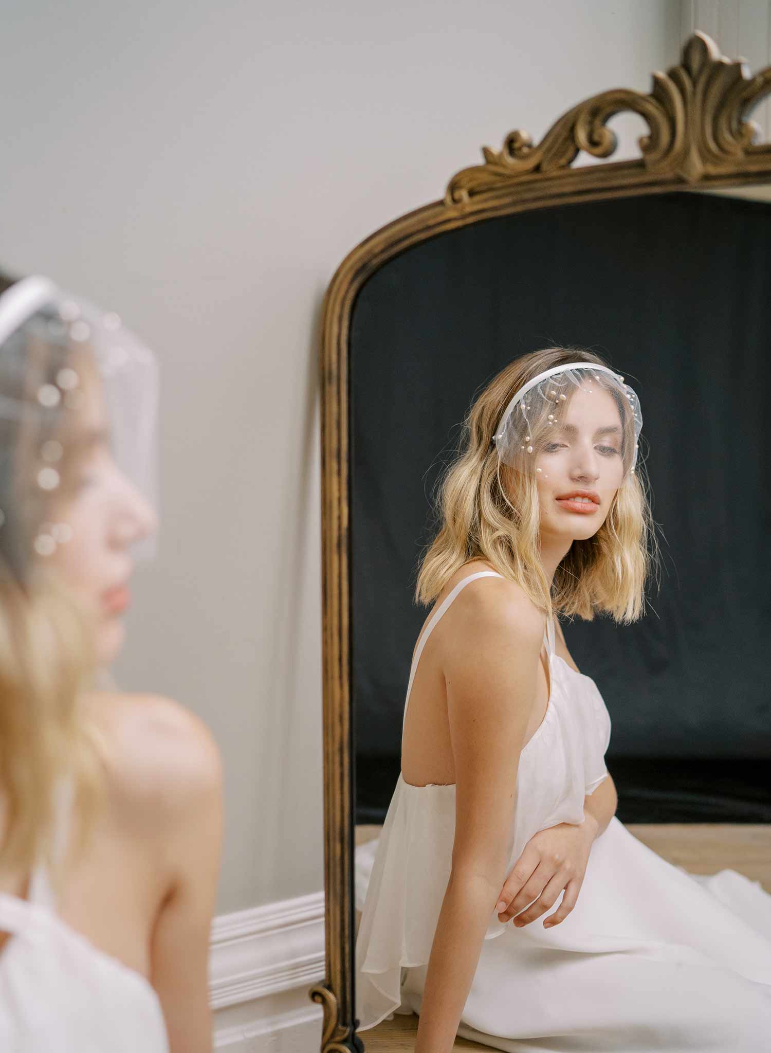 short tulle headband pearl wedding headband, twigs and honey