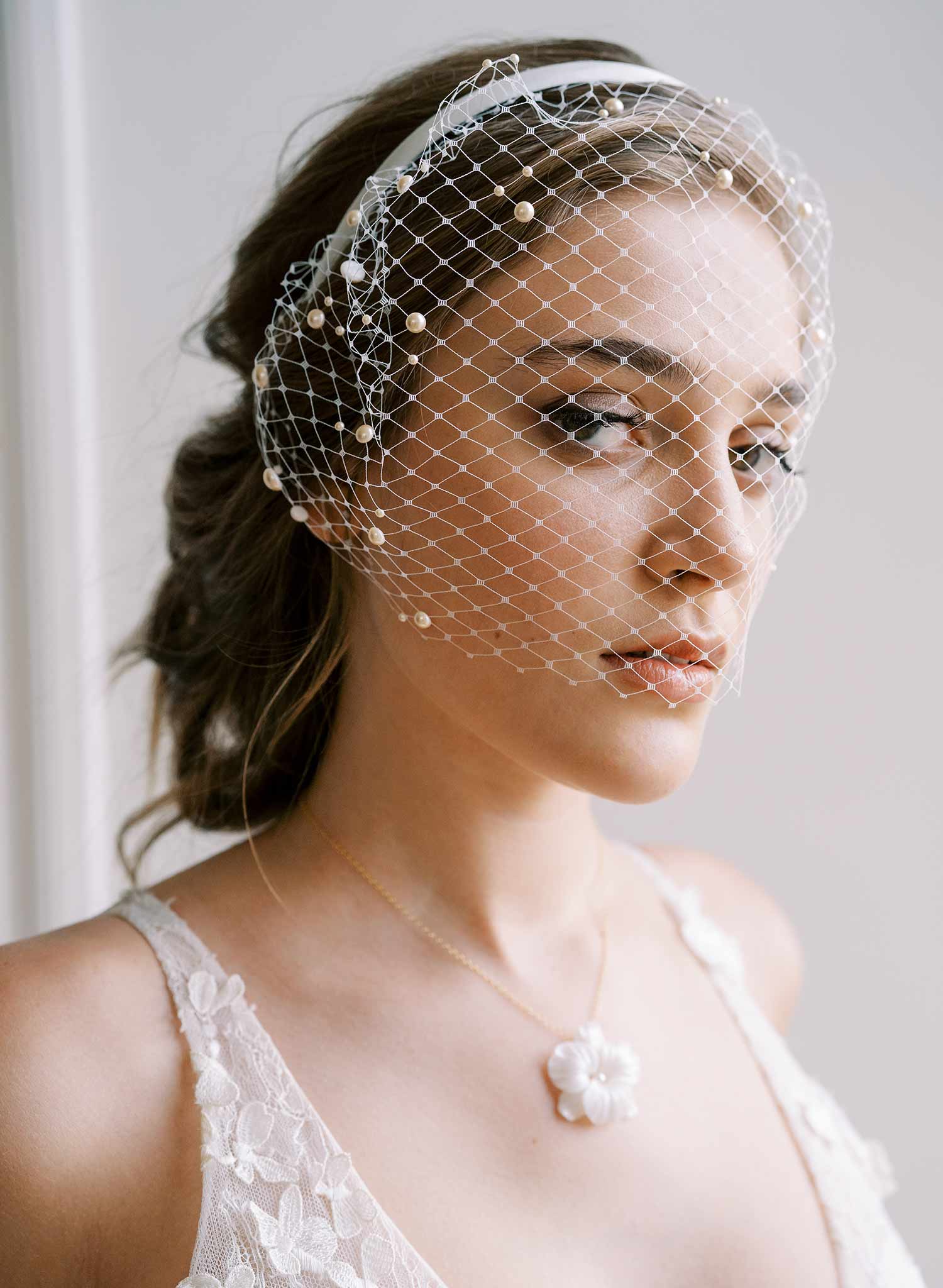 short pearl headband birdcage bridal veil, twigs & honey