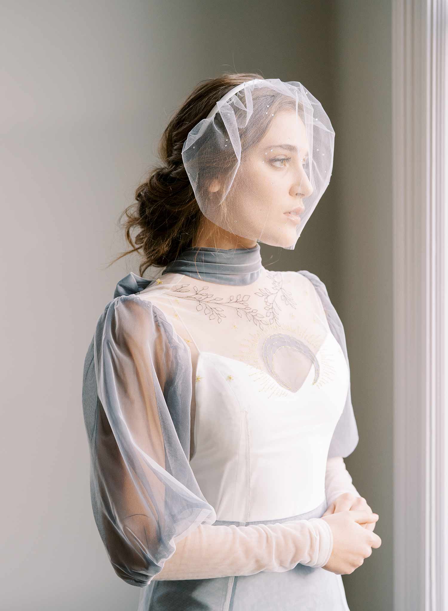short tulle headband pearl crystal wedding headband, twigs and honey