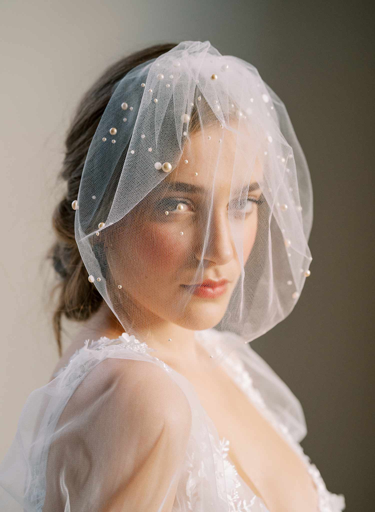 small tulle birdcage bridal veil with pearls, twigs & honey